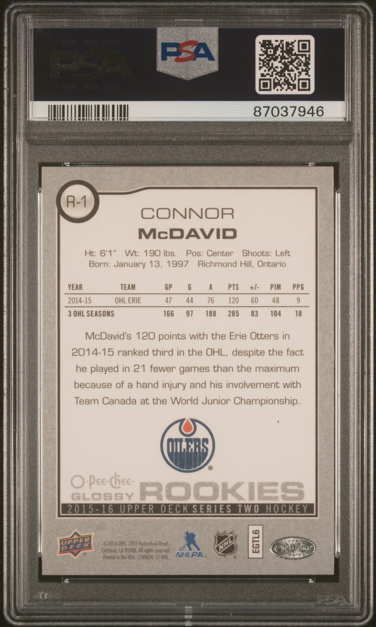 2015 Upper Deck O-Pee-Chee Glossy Rookies #R-1 Connor Mcdavid O-Pee-Chee Glossy Rookies PSA 10