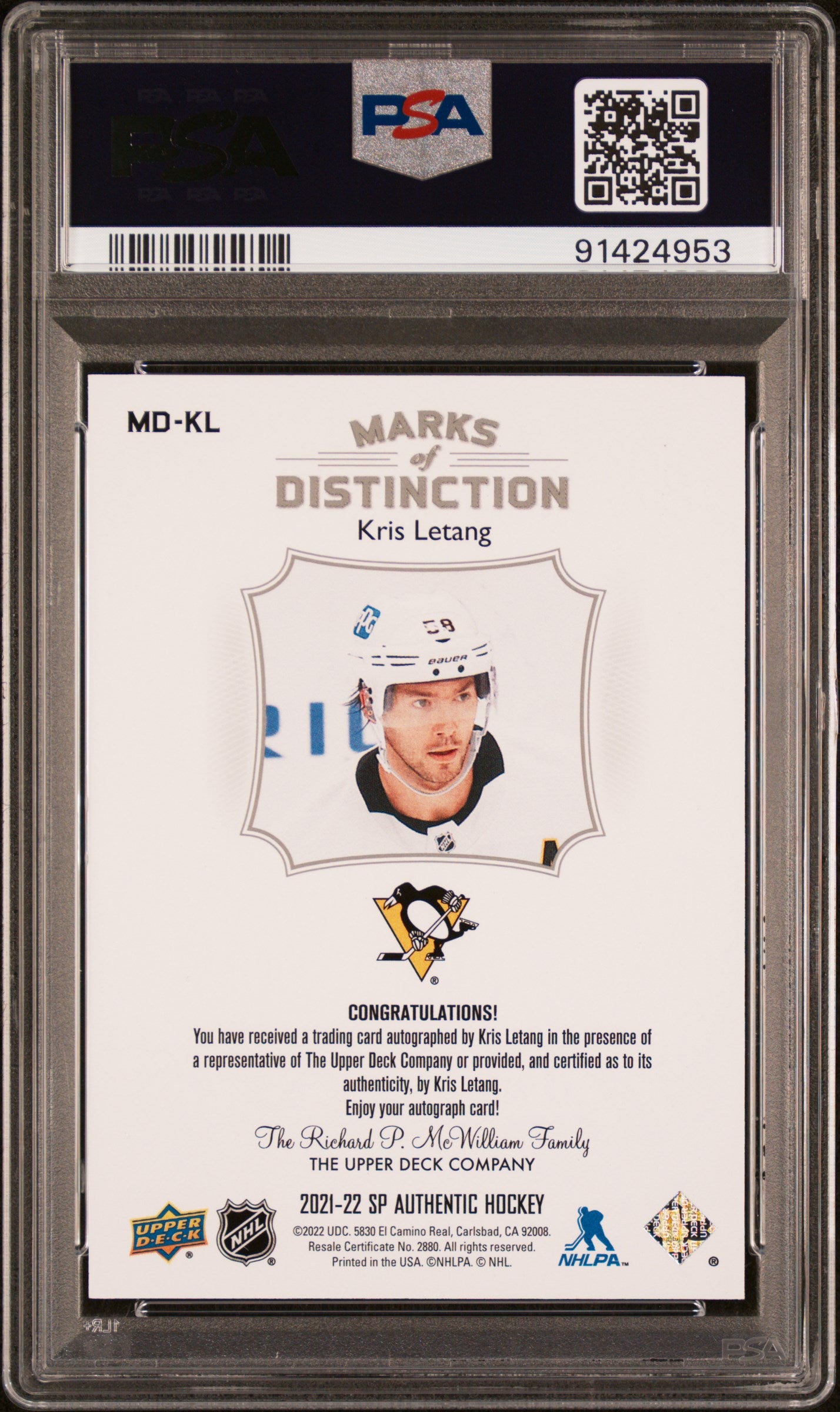 2021 Sp Authentic Marks Of Distinction #MDKL Kris Letang PSA 10