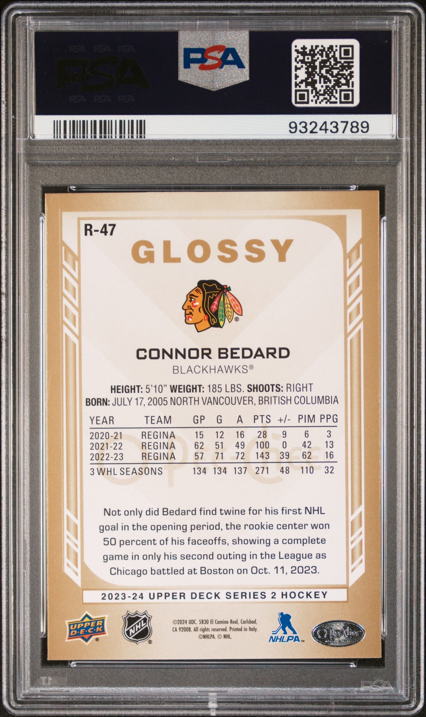 2023 Upper Deck Opc Glossy #R47 Connor Bedard Opc Glossy-Gold PSA 10