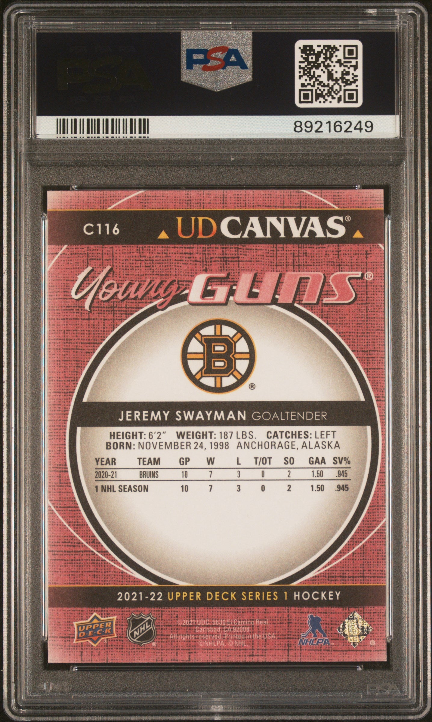 2021-2022 Upper Deck Ud Canvas #C116 Jeremy Swayman Ud Canvas PSA 10