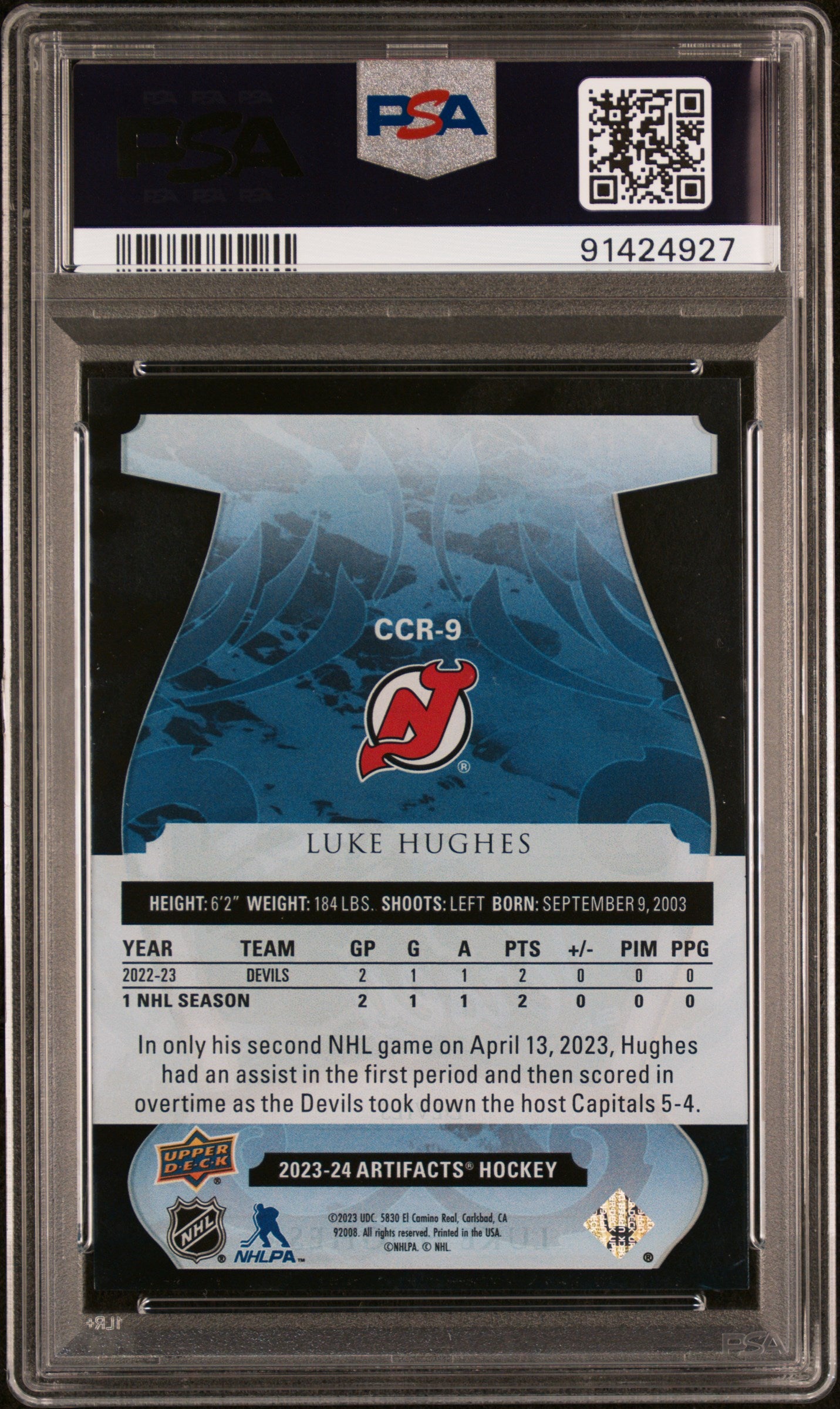 2023 Upper Deck Artifacts Clear Cut Rookie #CCR9 Luke Hughes PSA 10