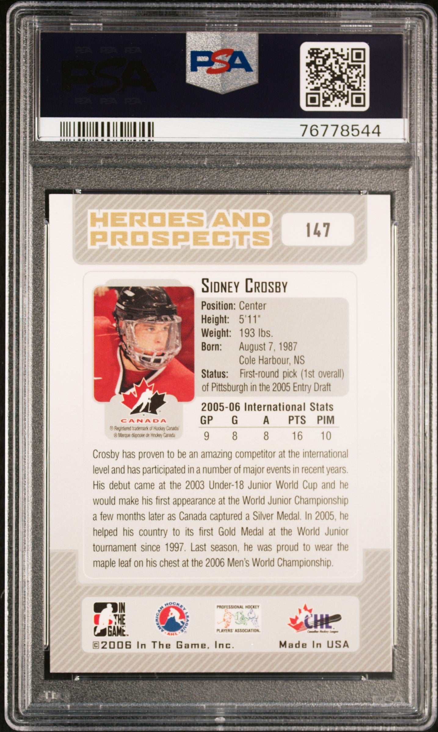 2006 Be A Player In The Game Heroes And Prospects #147 Sidney Crosby Heroes And Prospects PSA 10