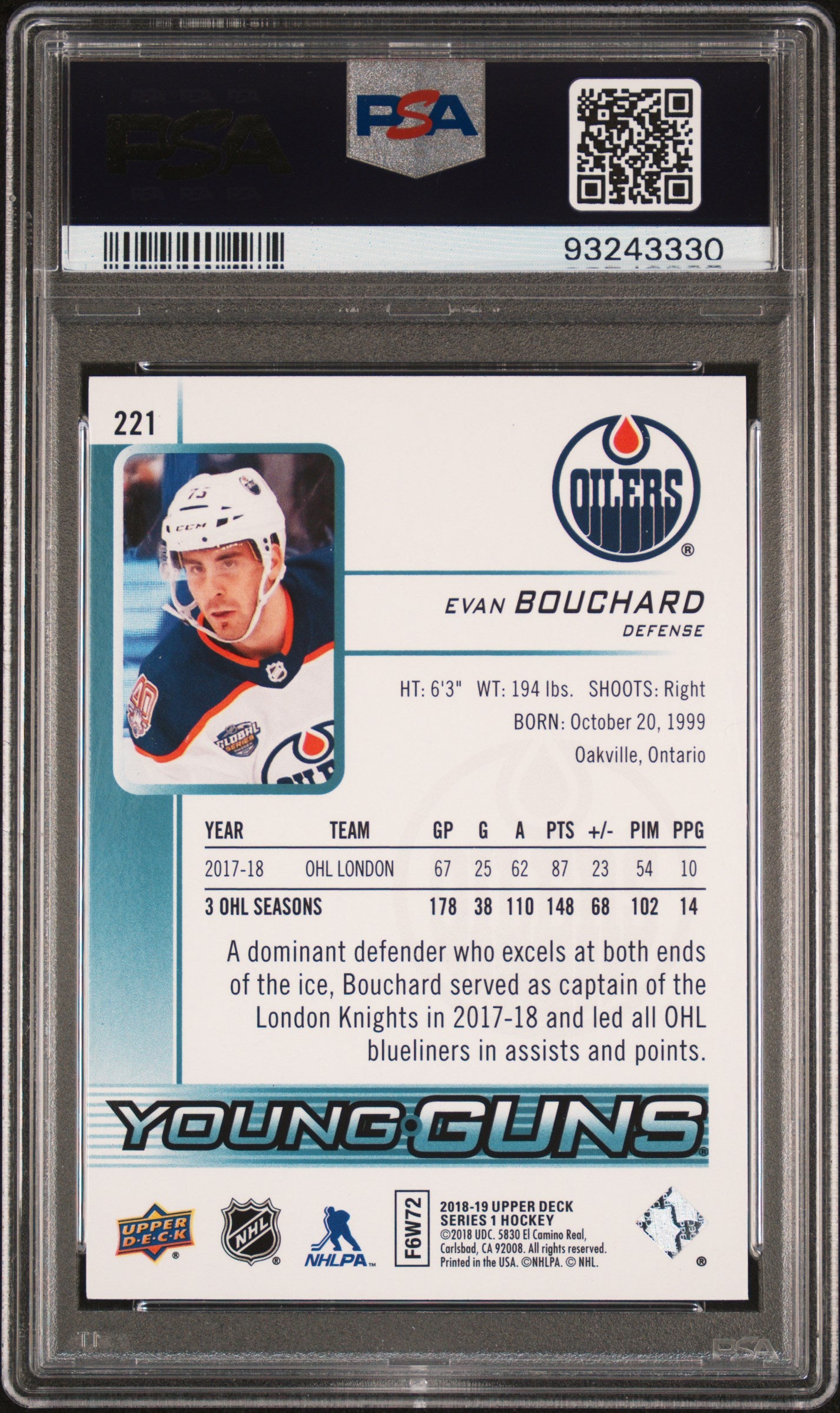 2018 Upper Deck #221 Evan Bouchard PSA 9