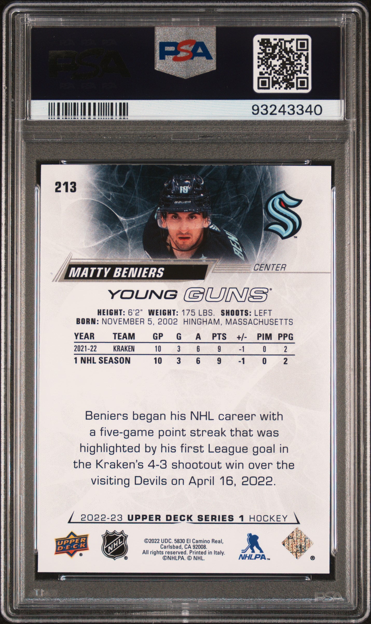 2022 Upper Deck #213 Matty Beniers PSA 9