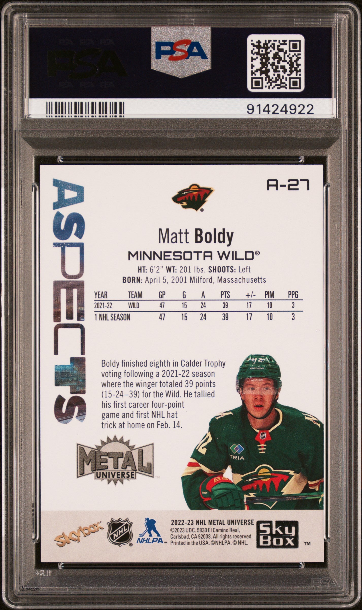 2022 Skybox Metal Universe Aspects #A27 Matt Boldy Aspects-Gold PSA 10