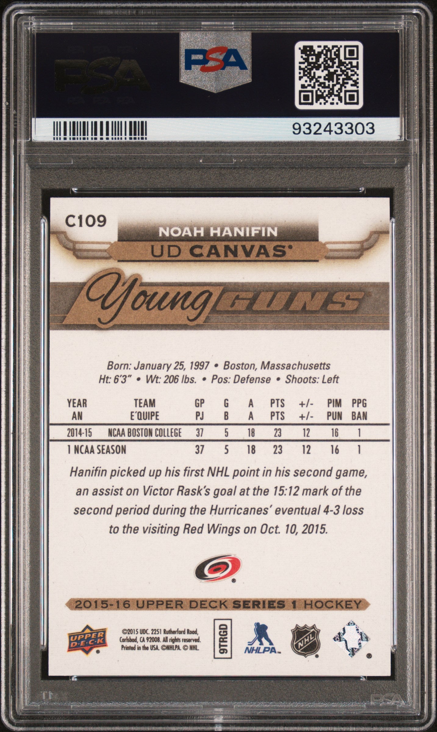 2015 Upper Deck Canvas #C109 Noah Hanifin PSA 10