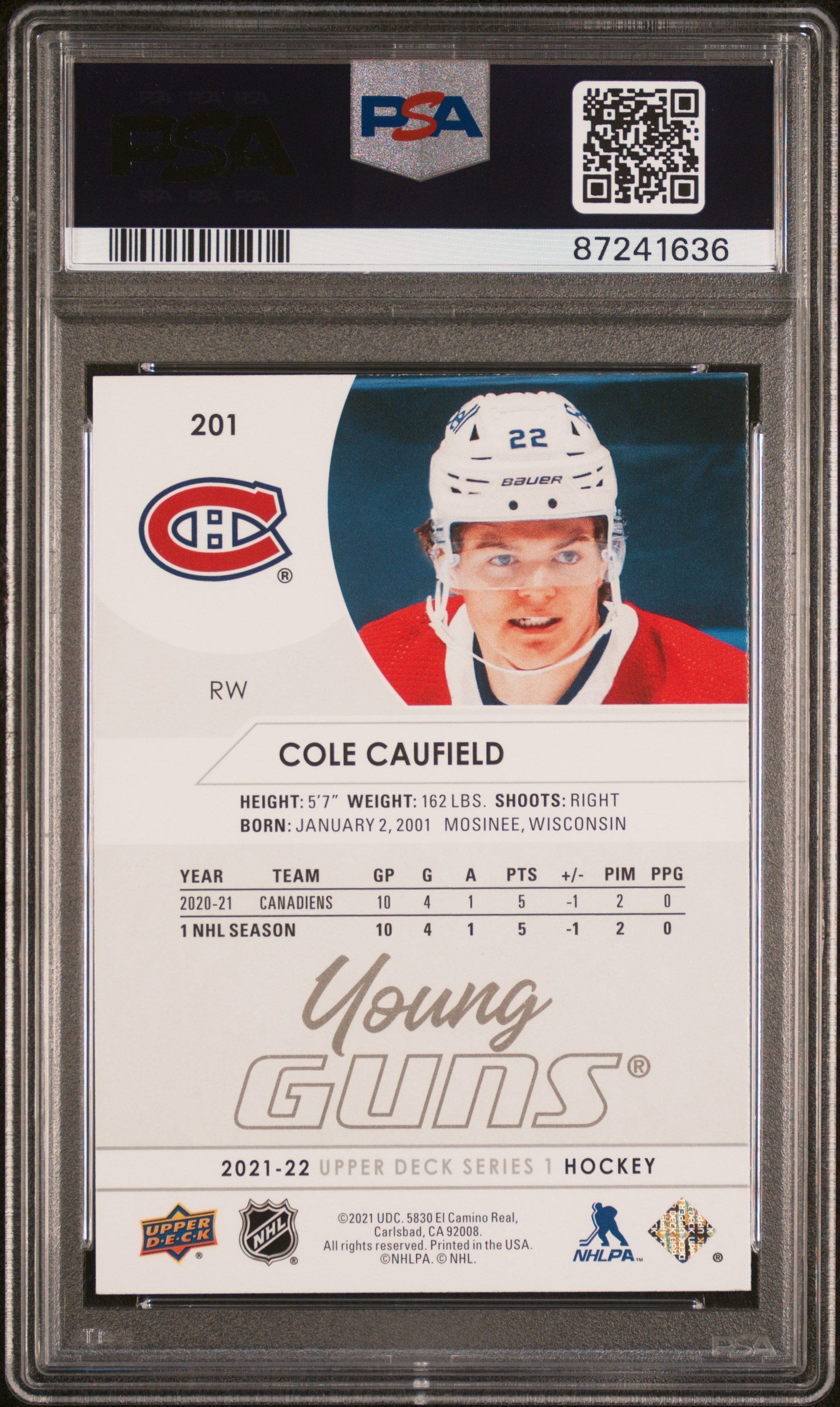 2021-2022 Upper Deck #201 Cole Caufield PSA 9