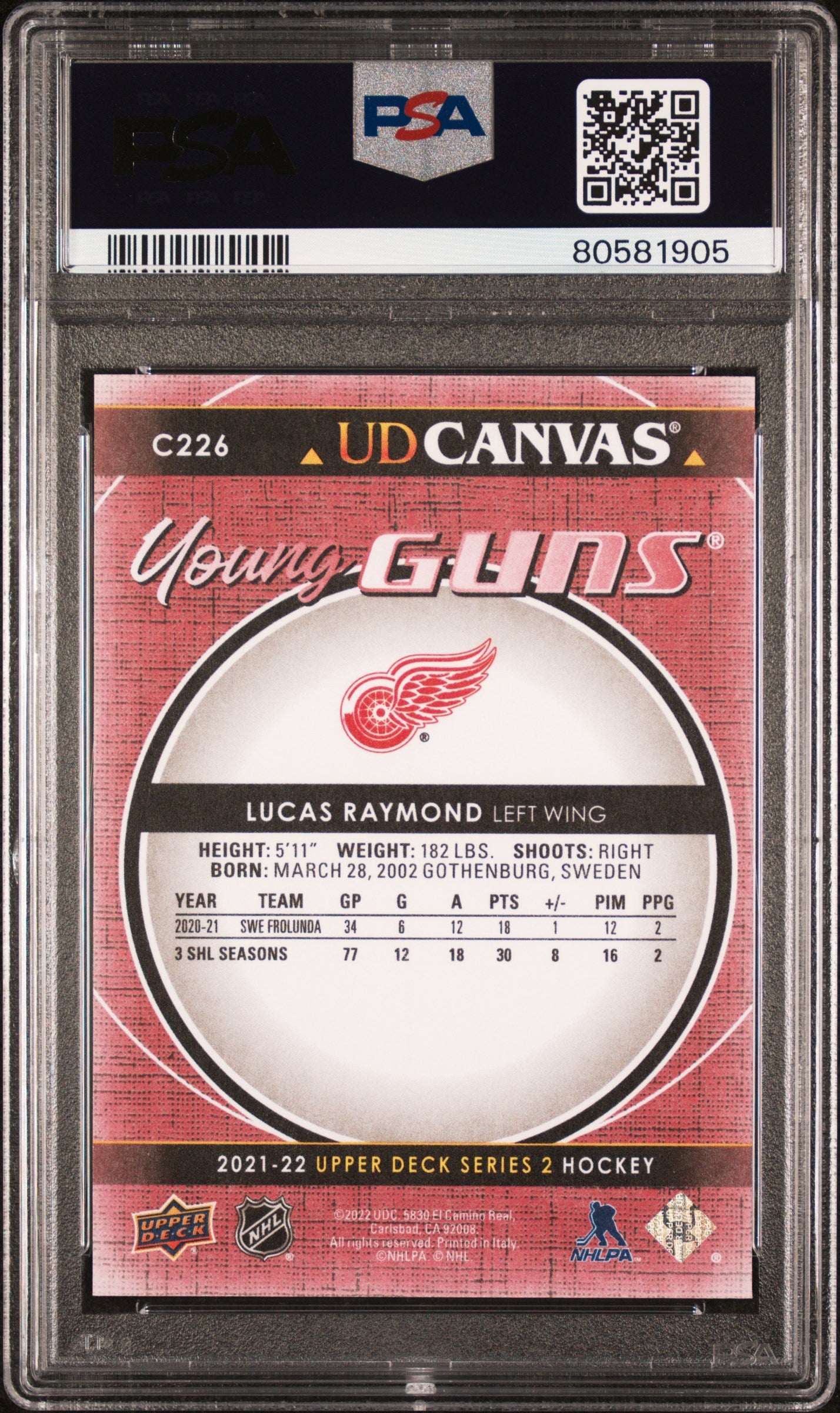 2021-2022 Upper Deck Ud Canvas #C226 Lucas Raymond Ud Canvas PSA 10