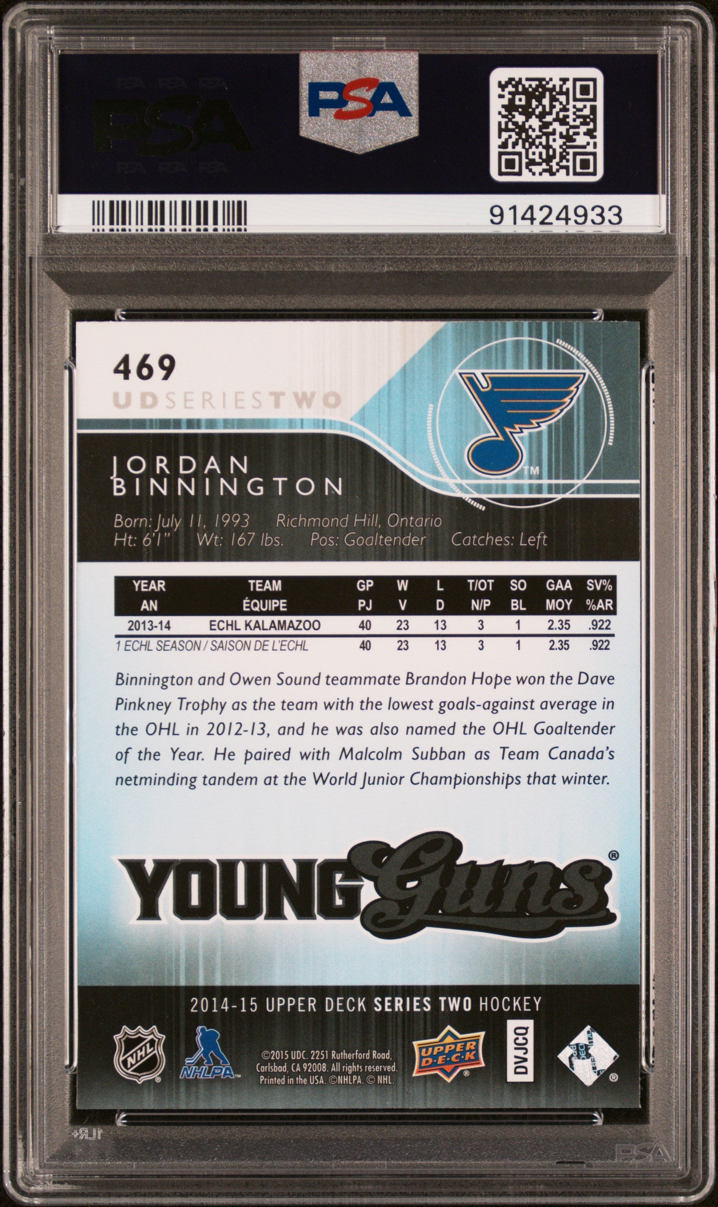 2014 Upper Deck #469 Jordan Binnington PSA 10