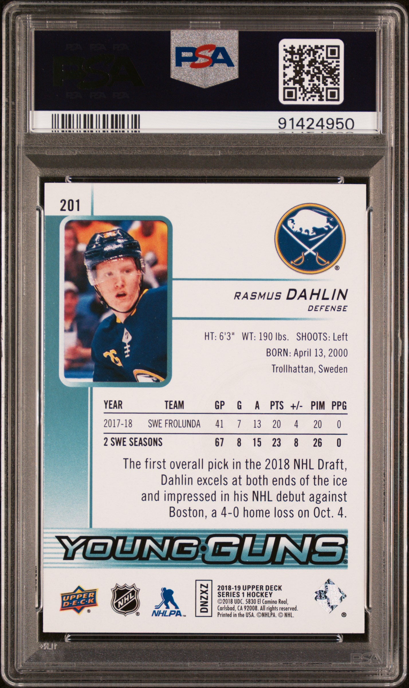 2018 Upper Deck #201 Rasmus Dahlin PSA 10