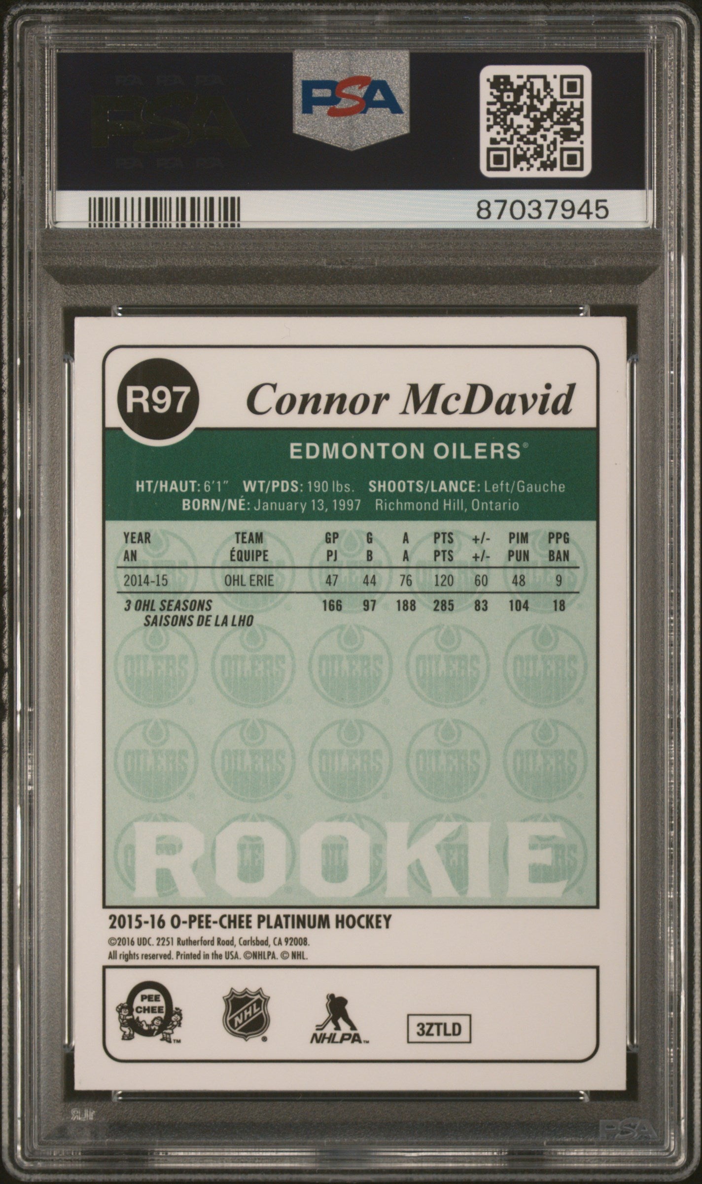 2015 O-Pee-Chee Platinum Retro #R97 Connor Mcdavid Retro PSA 9