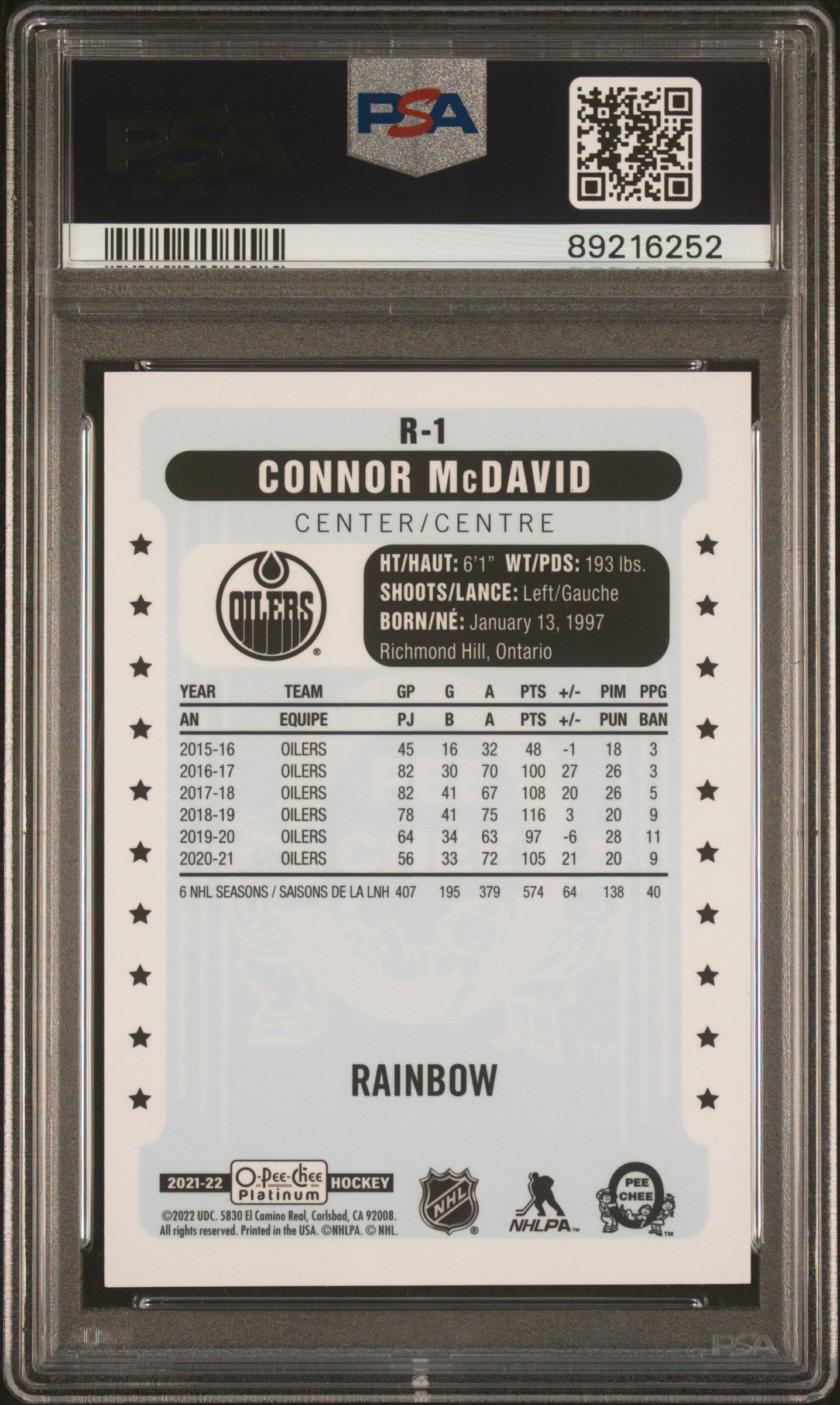 2021 Upper Deck O-Pee-Chee Platinum Retro #R1 Connor Mcdavid Retro-Rainbow PSA 8