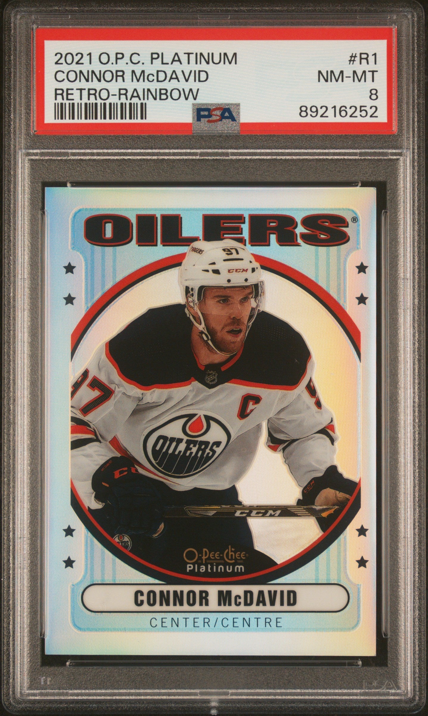 2021 Upper Deck O-Pee-Chee Platinum Retro #R1 Connor Mcdavid Retro-Rainbow PSA 8