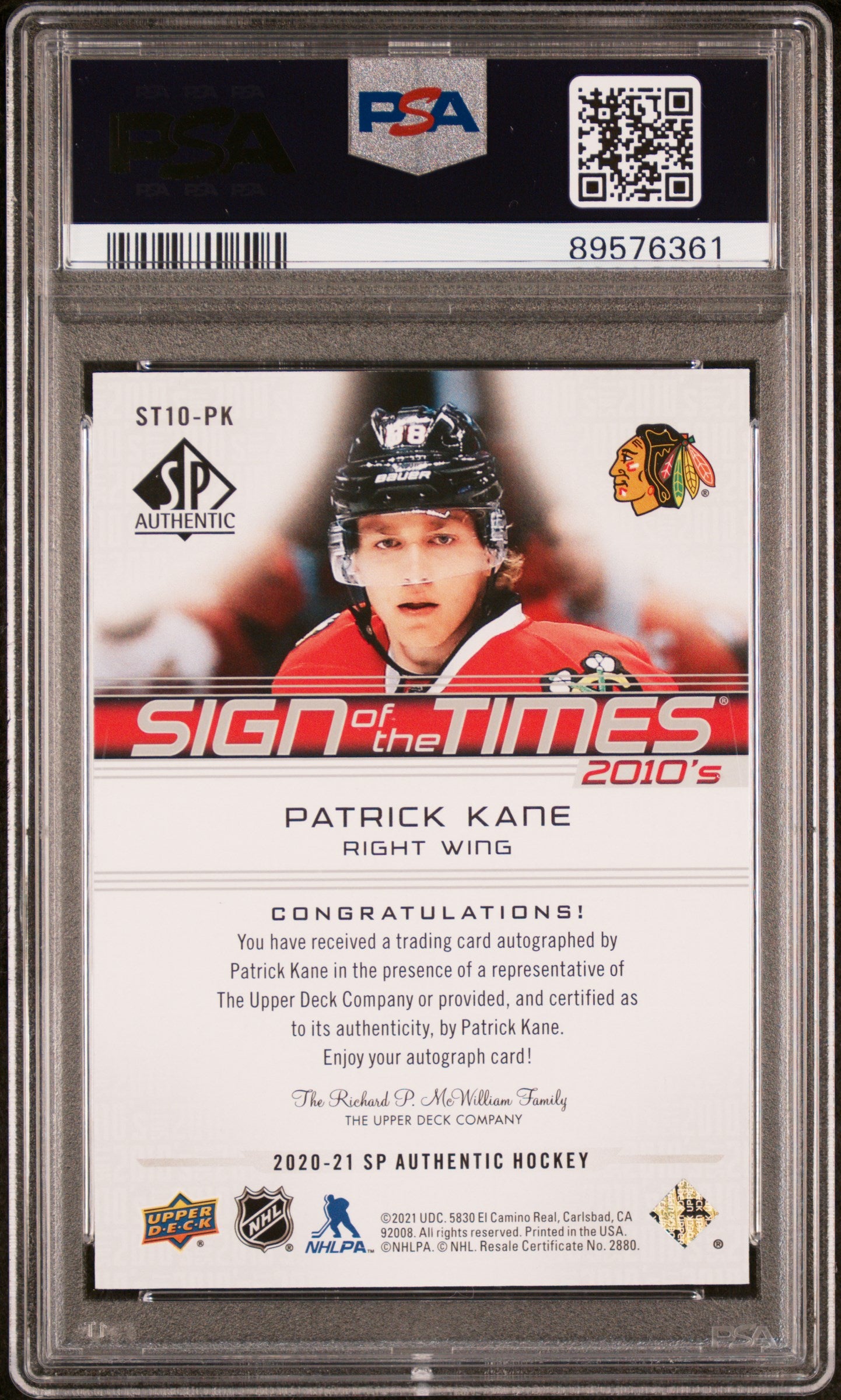 2020 Sp Authentic Sign Of The Times 2010'S Autographs #ST10-PK Patrick Kane Sign/Times 2010'S Auto. PSA 10