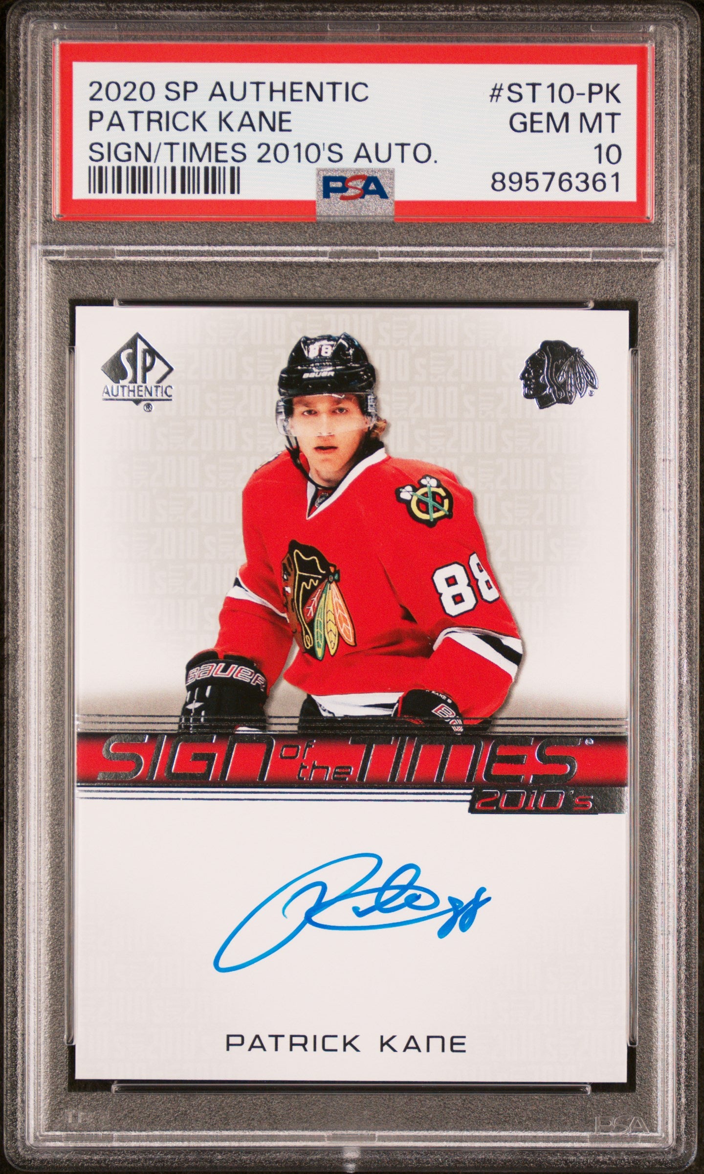 2020 Sp Authentic Sign Of The Times 2010'S Autographs #ST10-PK Patrick Kane Sign/Times 2010'S Auto. PSA 10