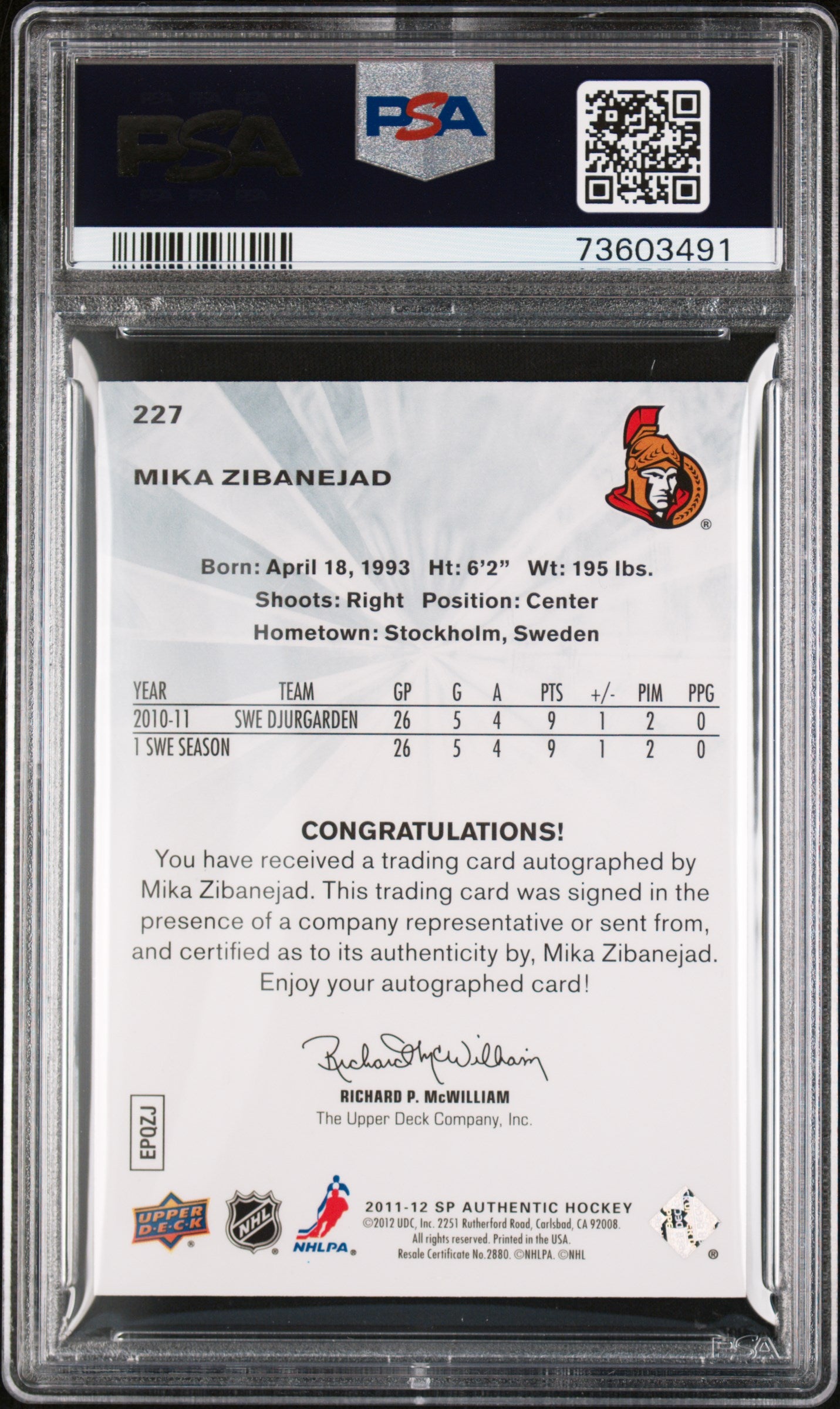 2011 Sp Authentic #227 Mika Zibanejad Autograph PSA 9