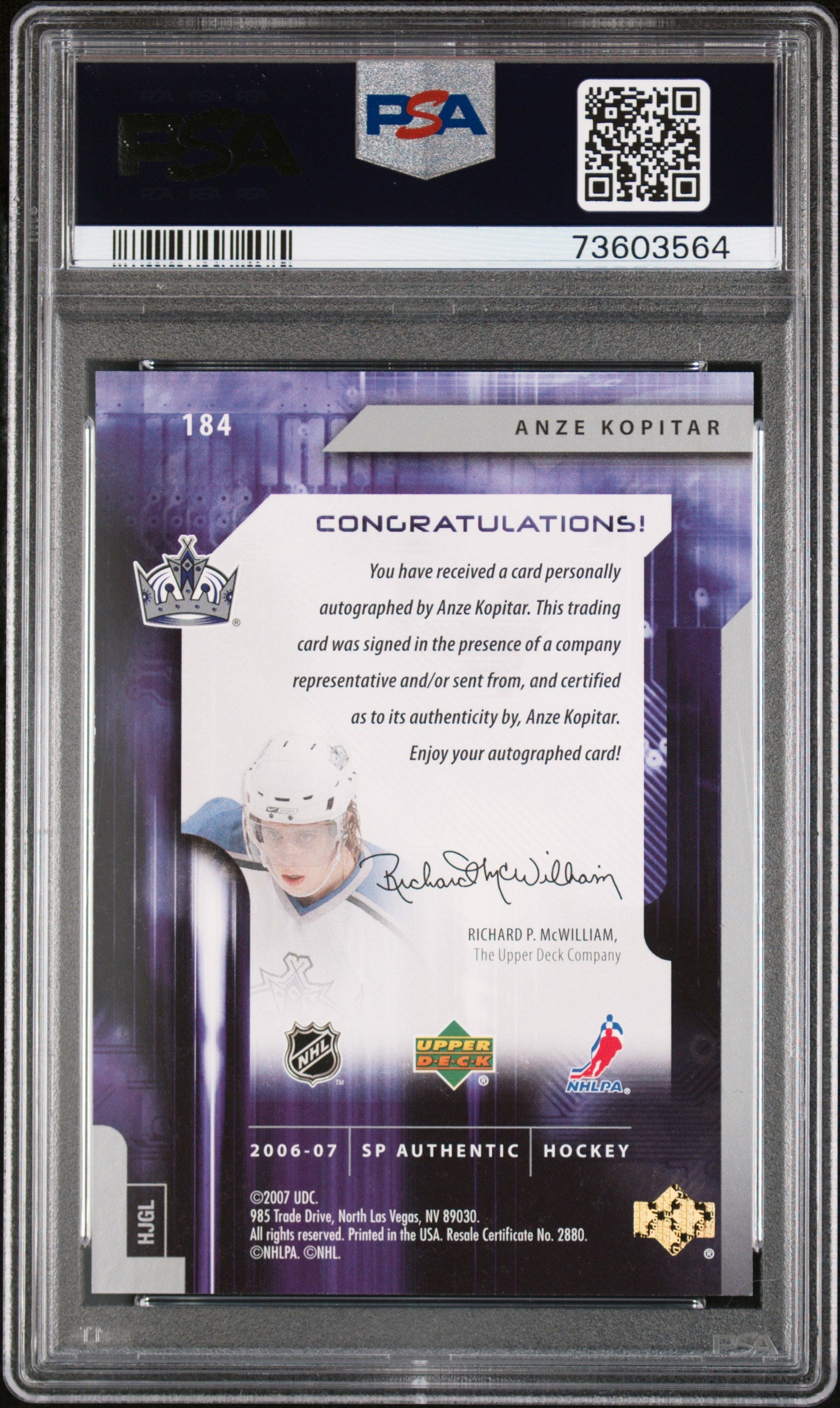 2006 Sp Authentic #184 Anze Kopitar Autograph PSA 8