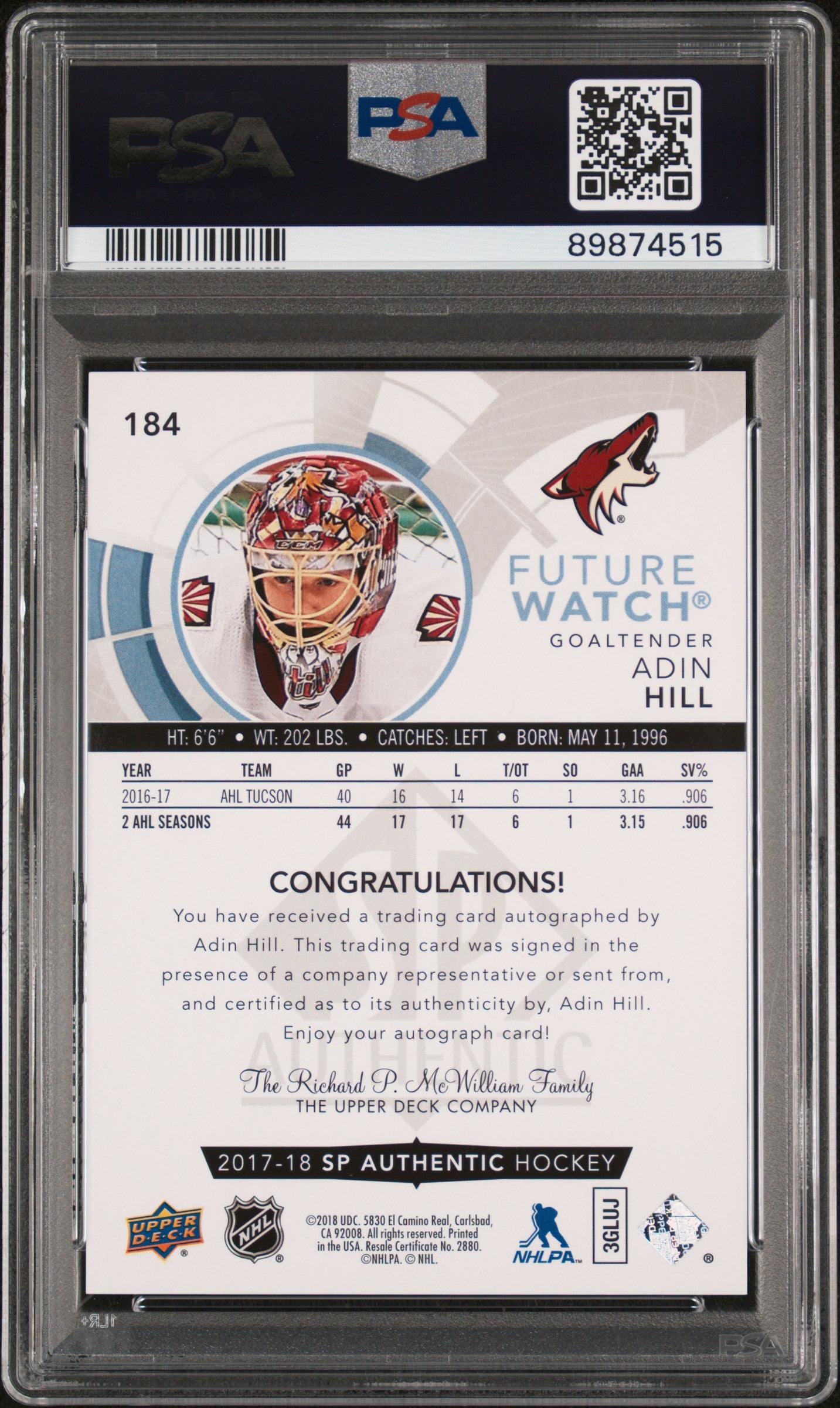 2017 Sp Authentic #184 Adin Hill Autograph PSA 9