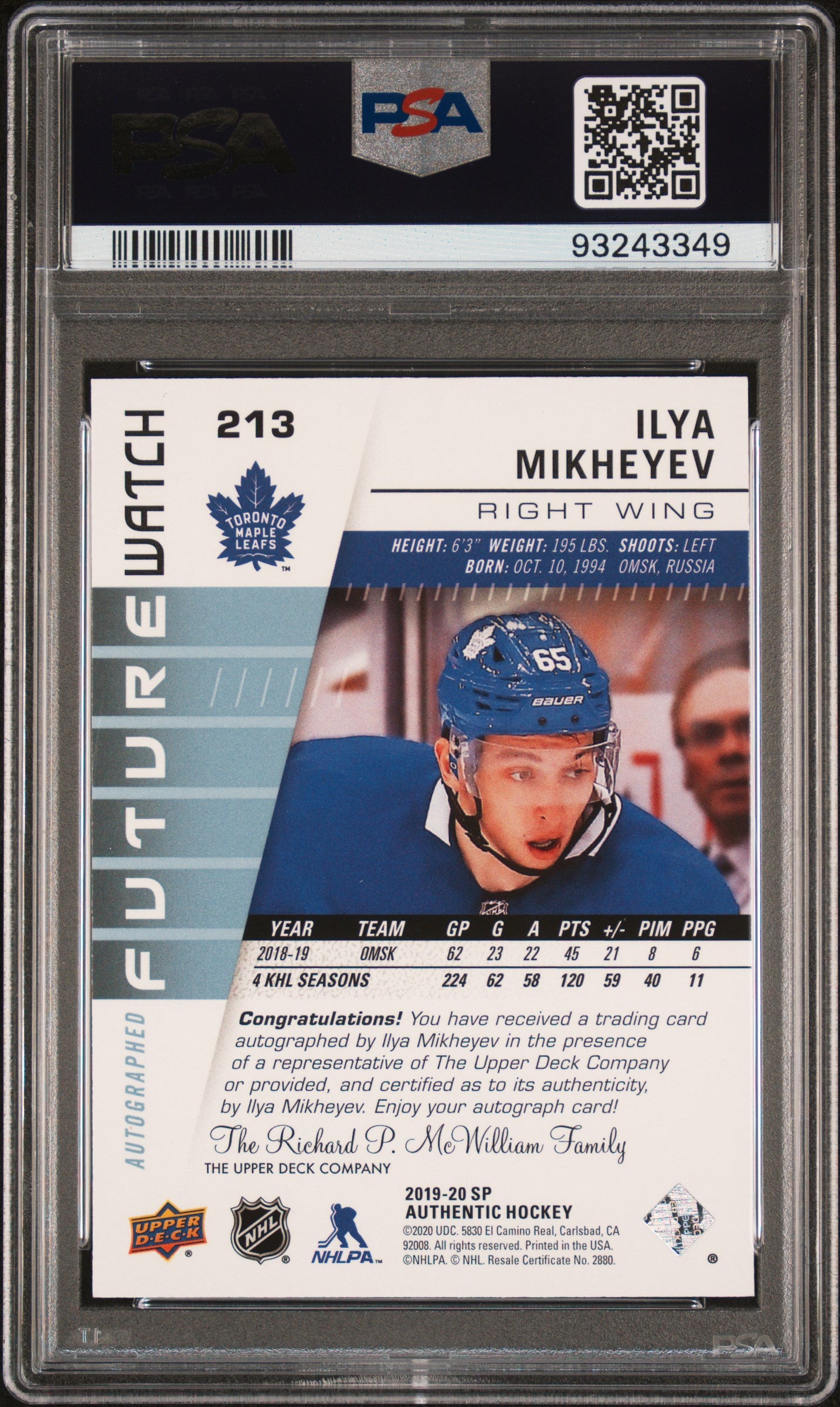 2019 Sp Authentic #213 Ilya Mikheyev Autograph PSA 10