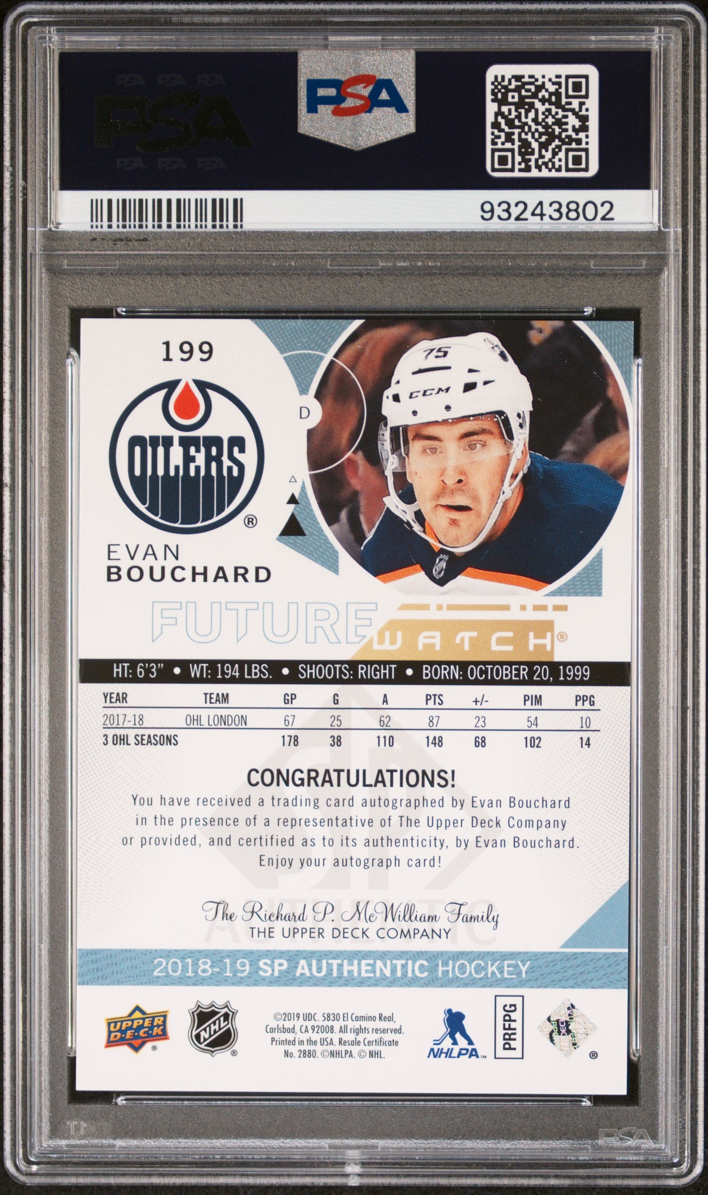 2018 Sp Authentic #199 Evan Bouchard Autograph PSA 9