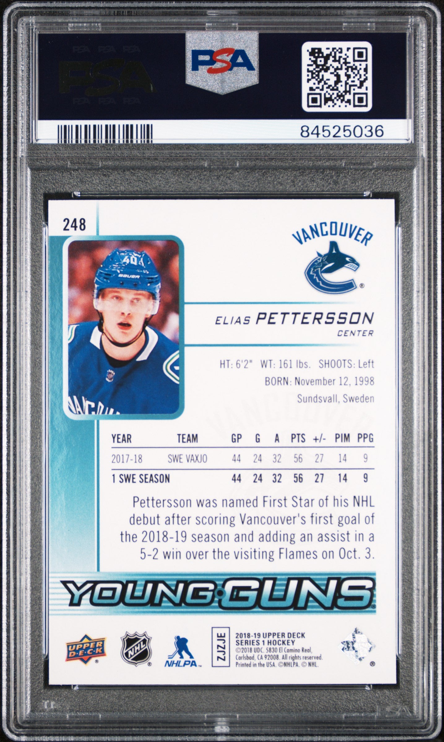 2018 Upper Deck #248 Elias Pettersson PSA 9