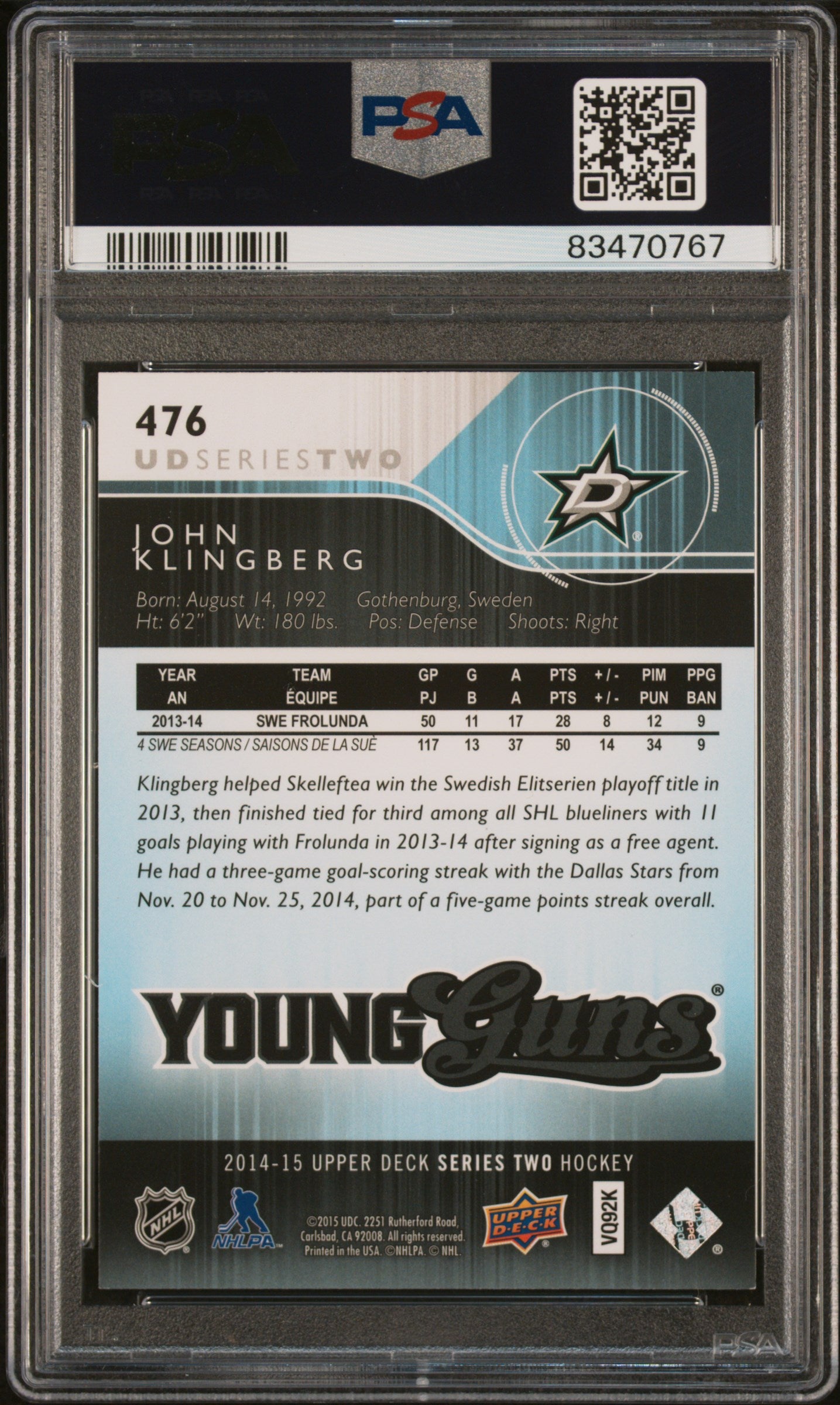 2014 Upper Deck #476 John Klingberg PSA 9