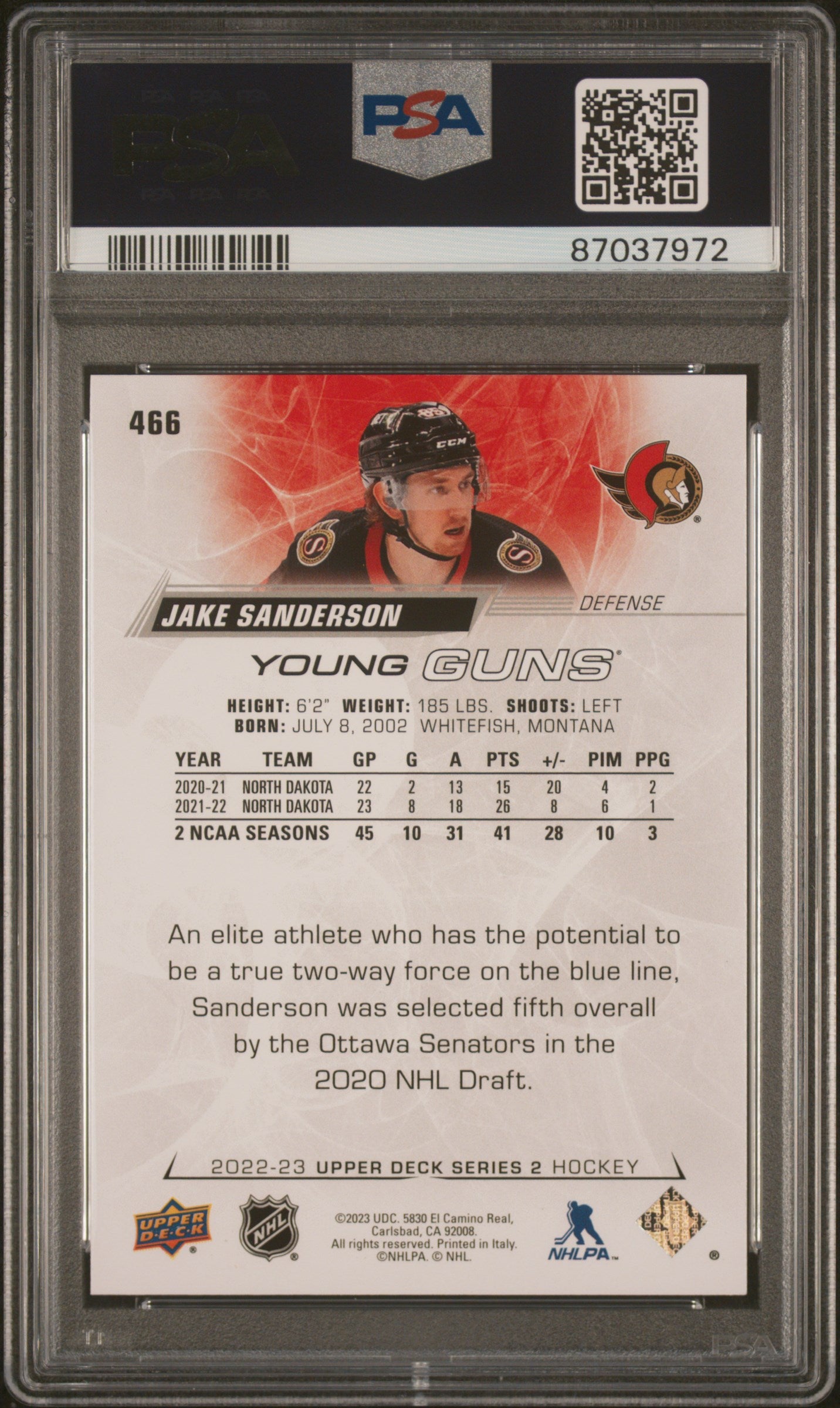 2022 Upper Deck #466 Jake Sanderson PSA 9