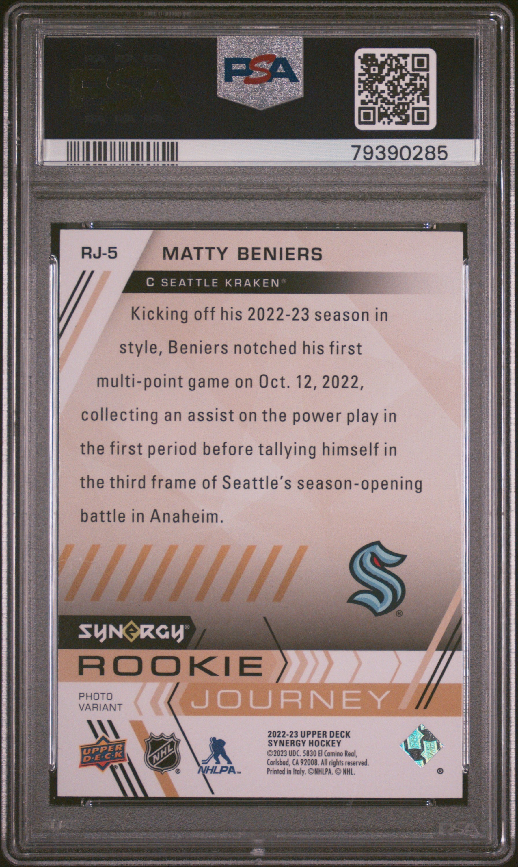 2022 Upper Deck Synergy Rookie Journey #RJ5 Matty Beniers Rookie Journey-Photo Var PSA 9