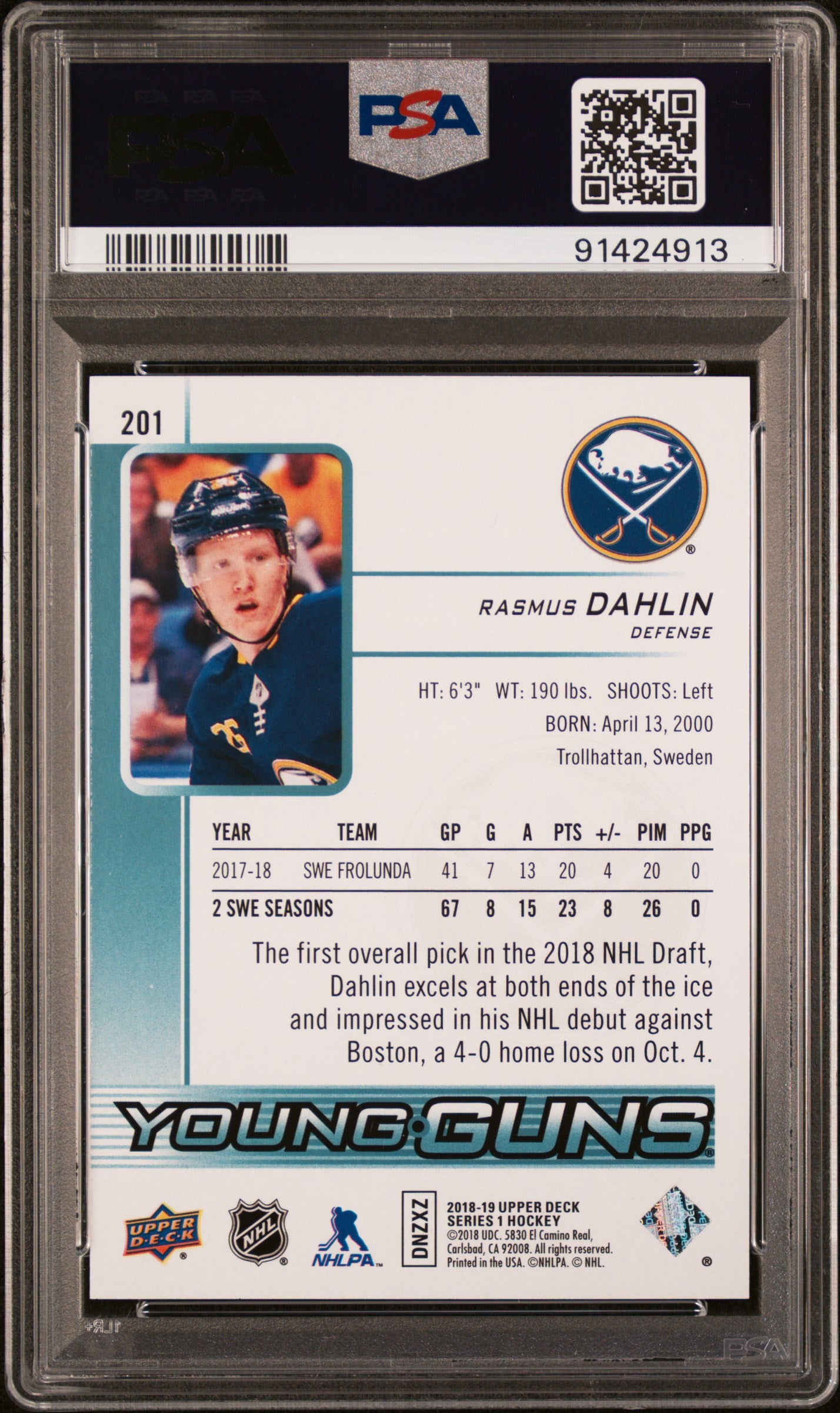 2018 Upper Deck #201 Rasmus Dahlin PSA 9