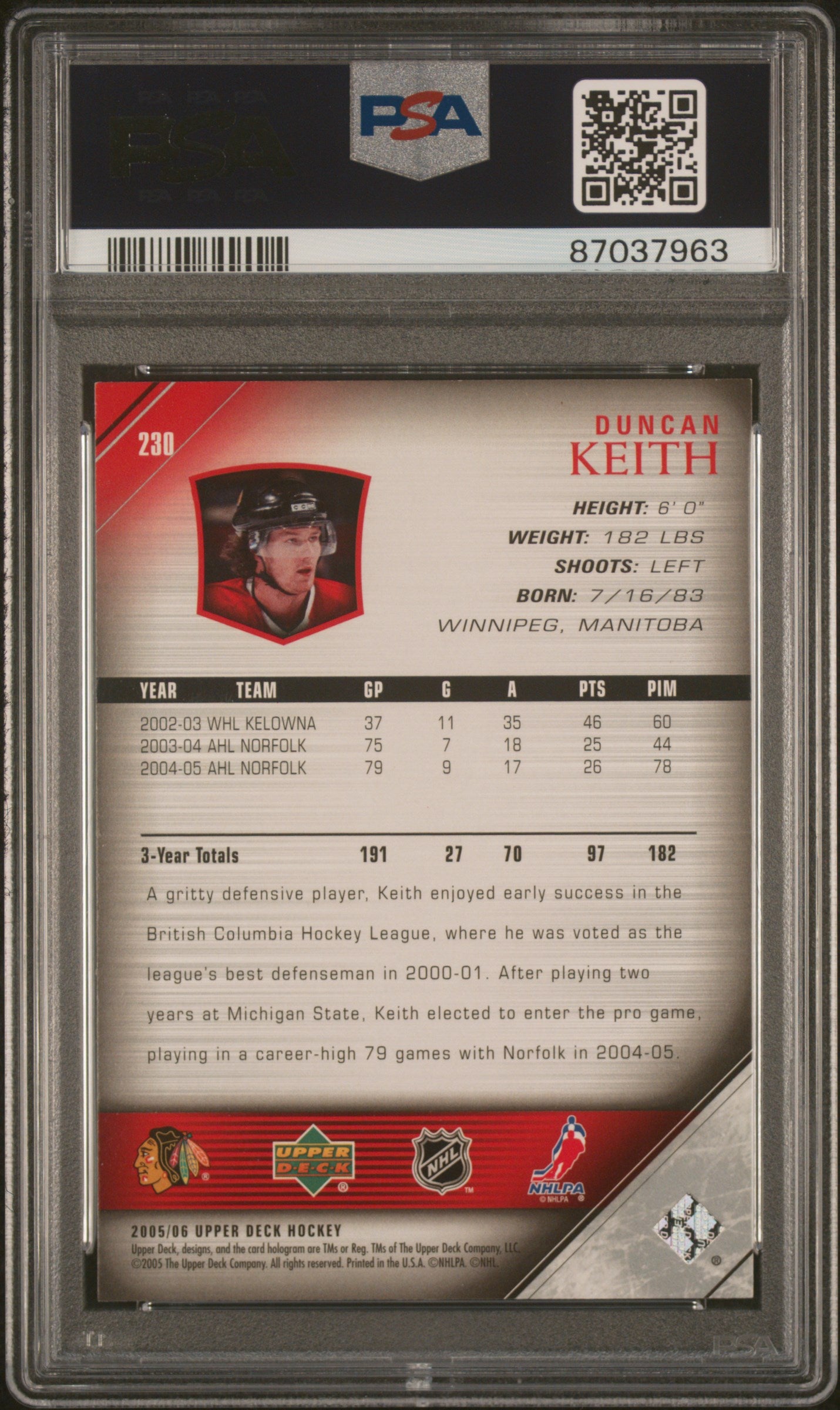 2005 Upper Deck #230 Duncan Keith PSA 9