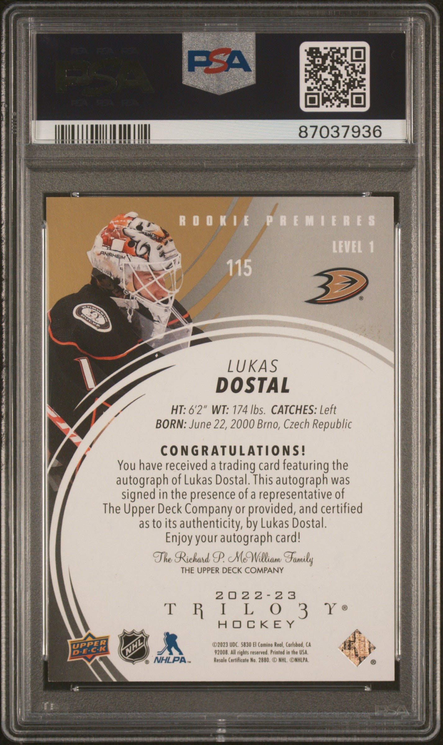 2022 Upper Deck Trilogy #115 Lukas Dostal Autograph-Gold PSA 8