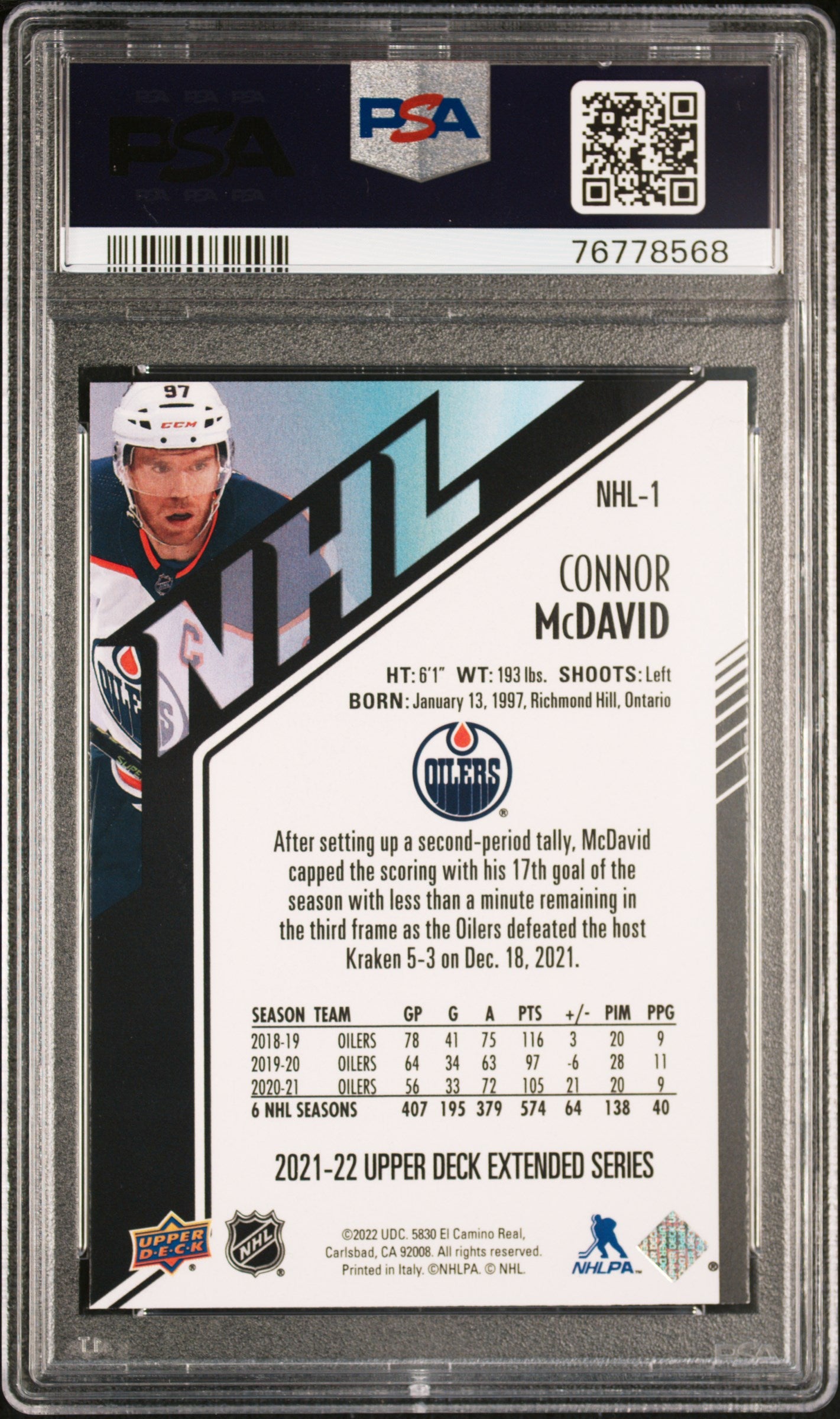 2021 Upper Deck Extended Series Hologrfx #NHL1 Connor Mcdavid Hologrfx PSA 9