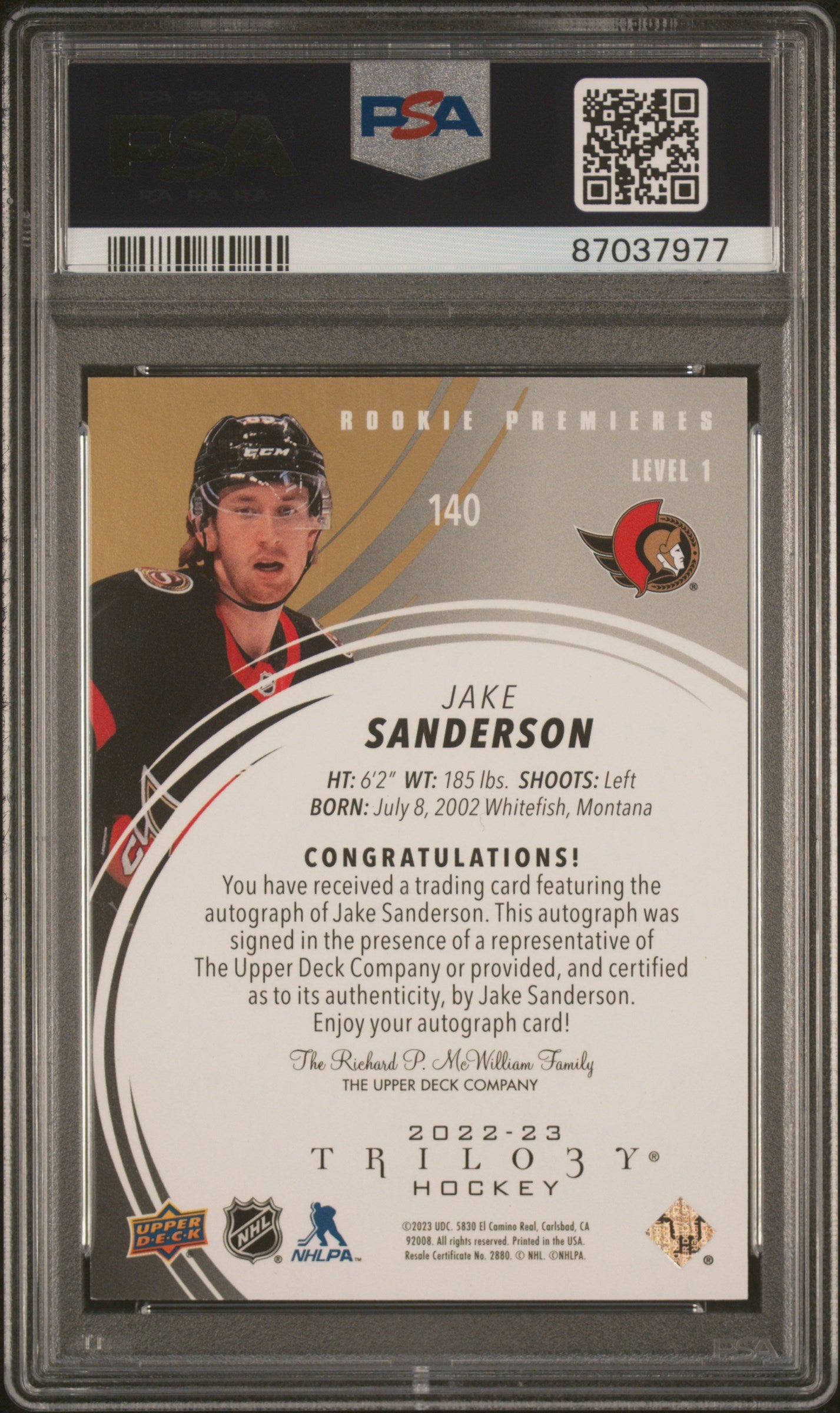 2022 Upper Deck Trilogy #140 Jake Sanderson Autograph-Gold PSA 8