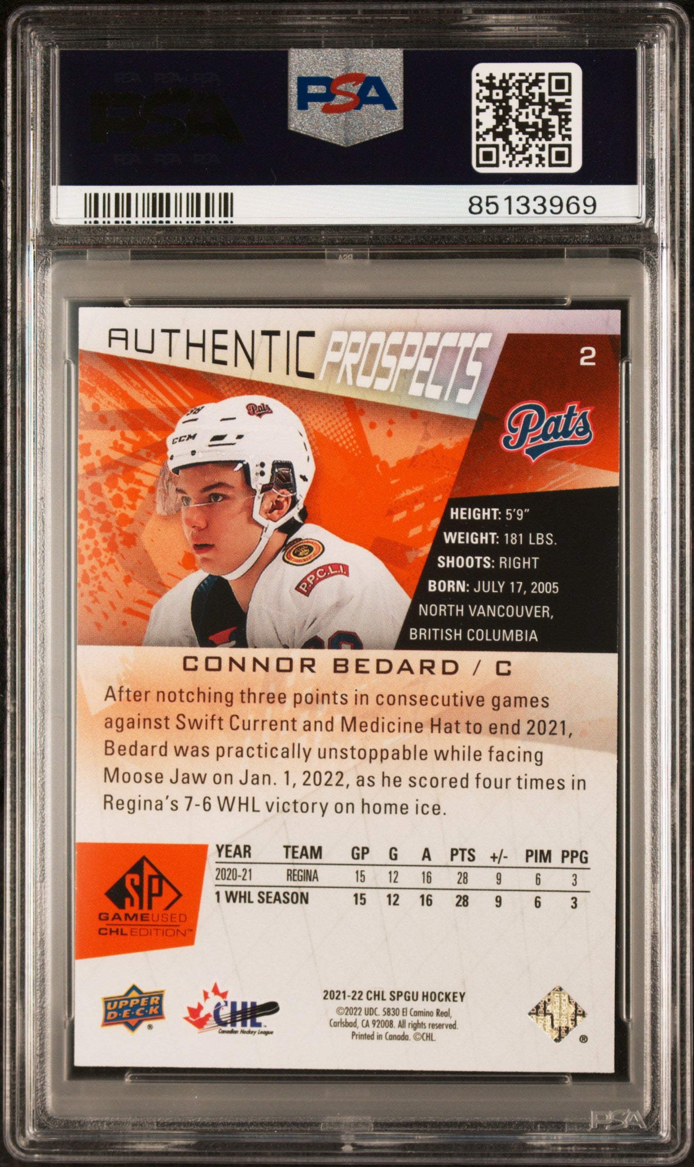 2021 Sp Game Used Chl #2 Connor Bedard Orange Foilboard PSA 9