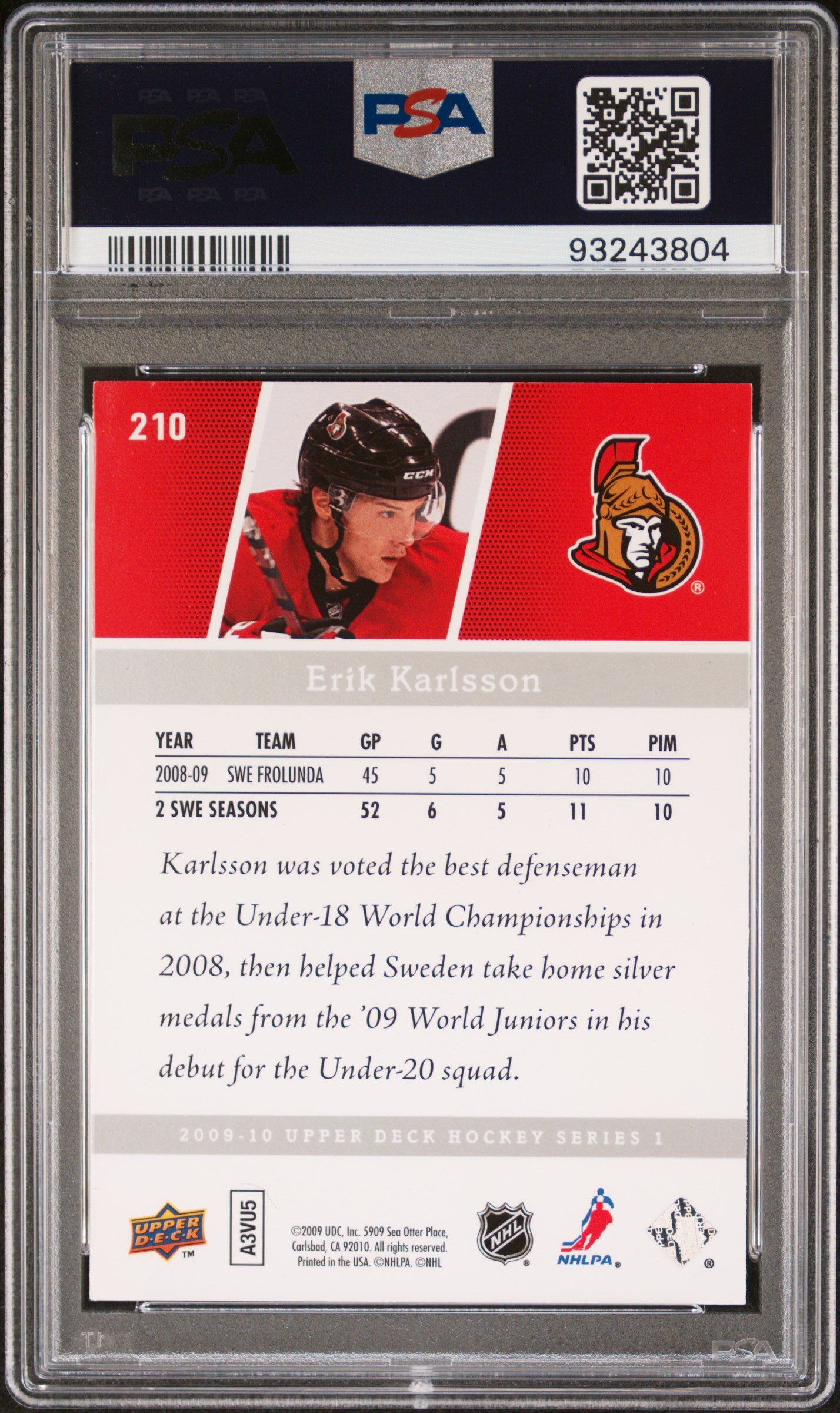 2009 Upper Deck #210 Erik Karlsson PSA 9