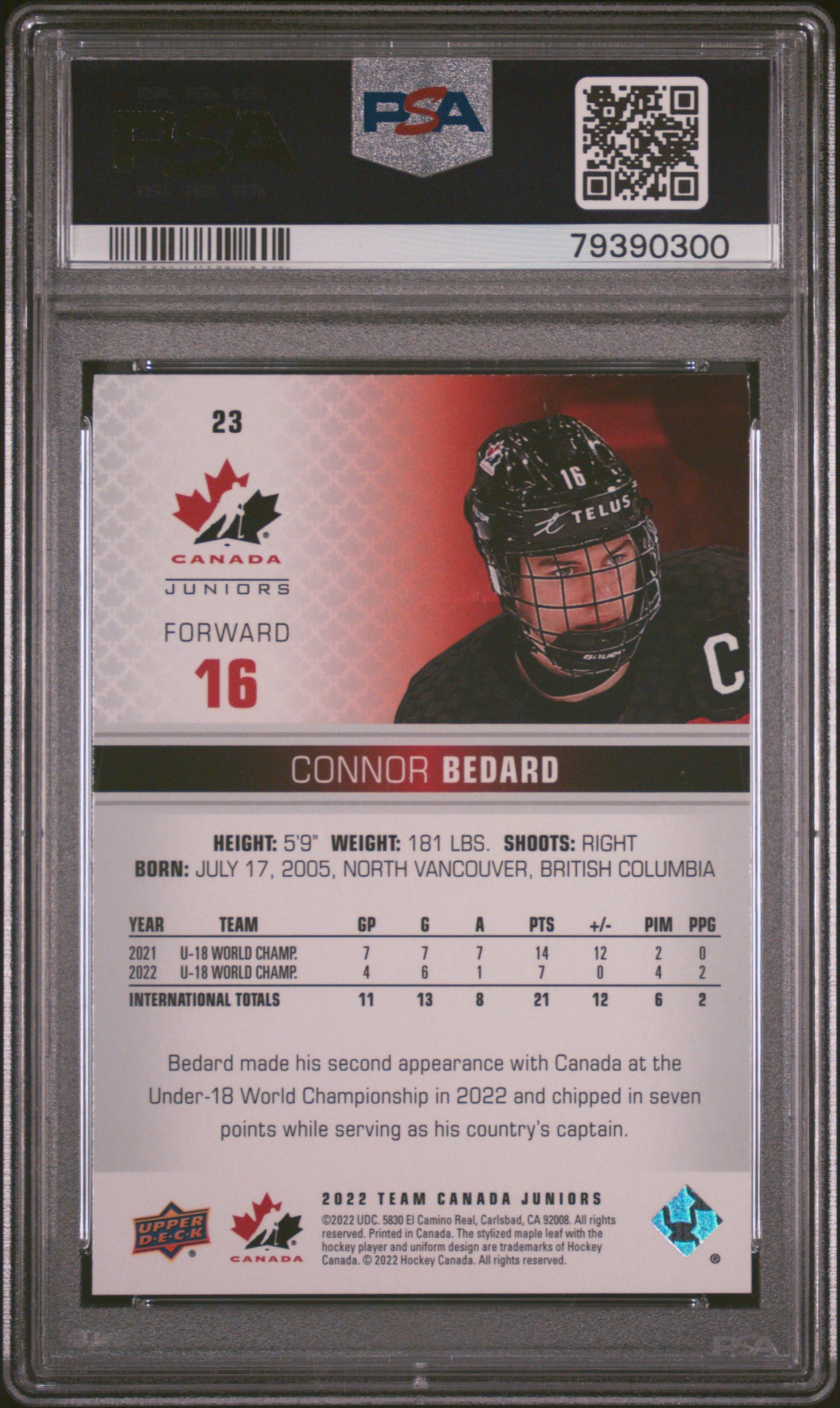 2022 Upper Deck Team Canada Juniors #23 Connor Bedard PSA 9