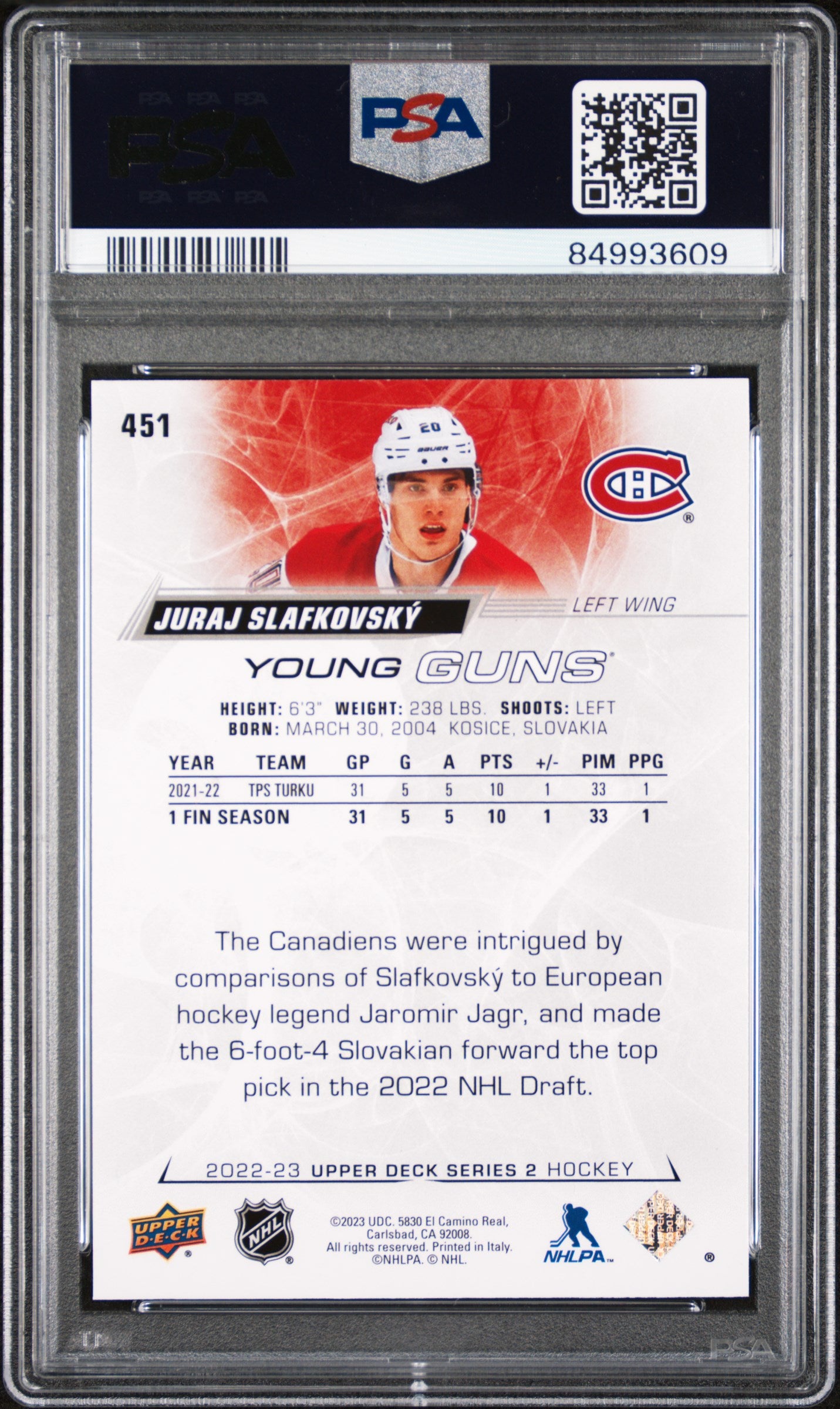 2022 Upper Deck #451 Juraj Slafkovsky PSA 9