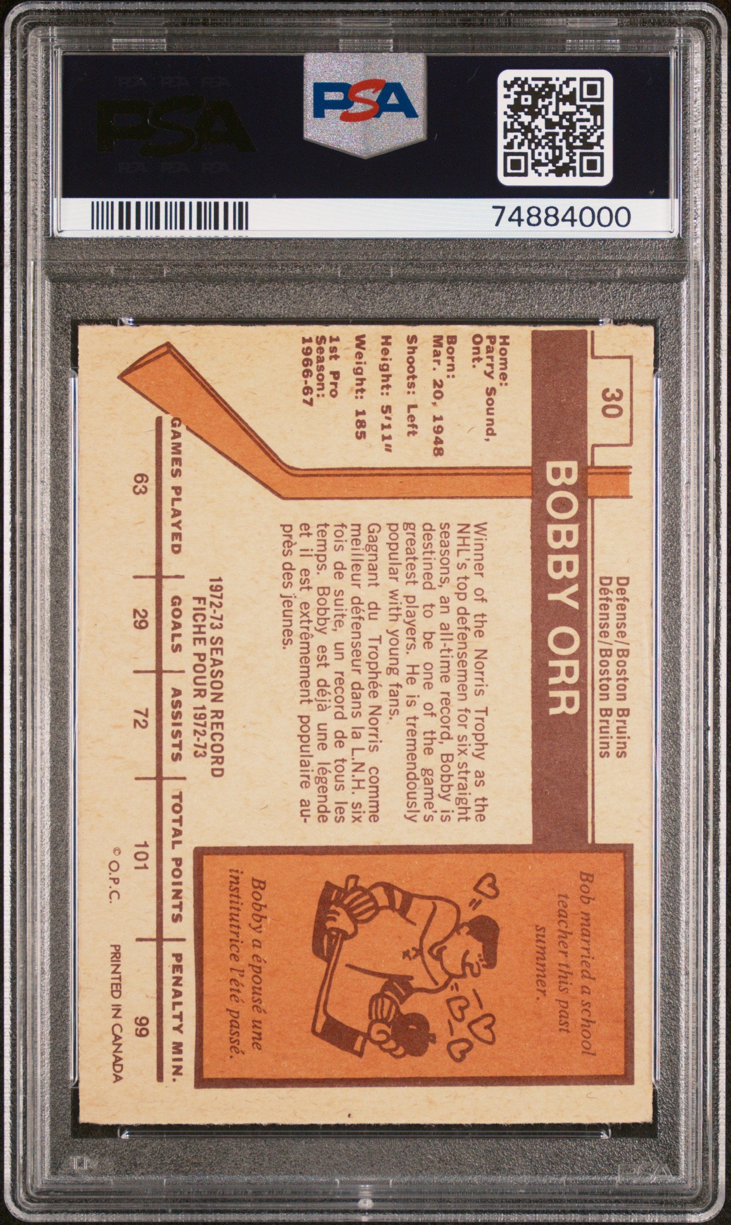 1973 O-Pee-Chee #30 Bobby Orr PSA 5