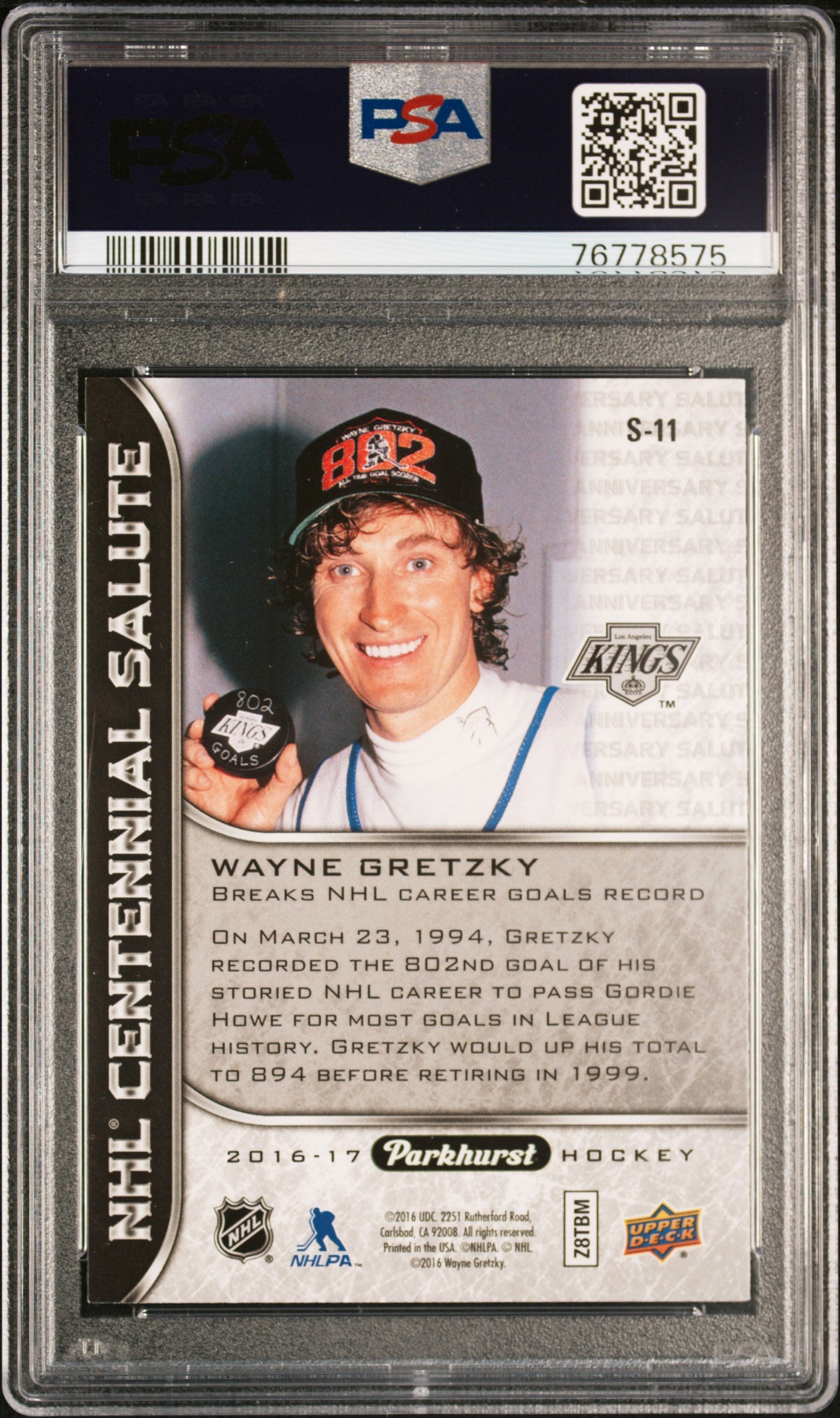 2016 Upper Deck Parkhurst Nhl Centennial Salute #S-11 Wayne Gretzky Nhl Centennial Salute PSA 8