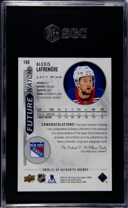 2020-21 Upper Deck SP Authentic #148 Alexis Lafreniere Future Watch Auto. SGC 10