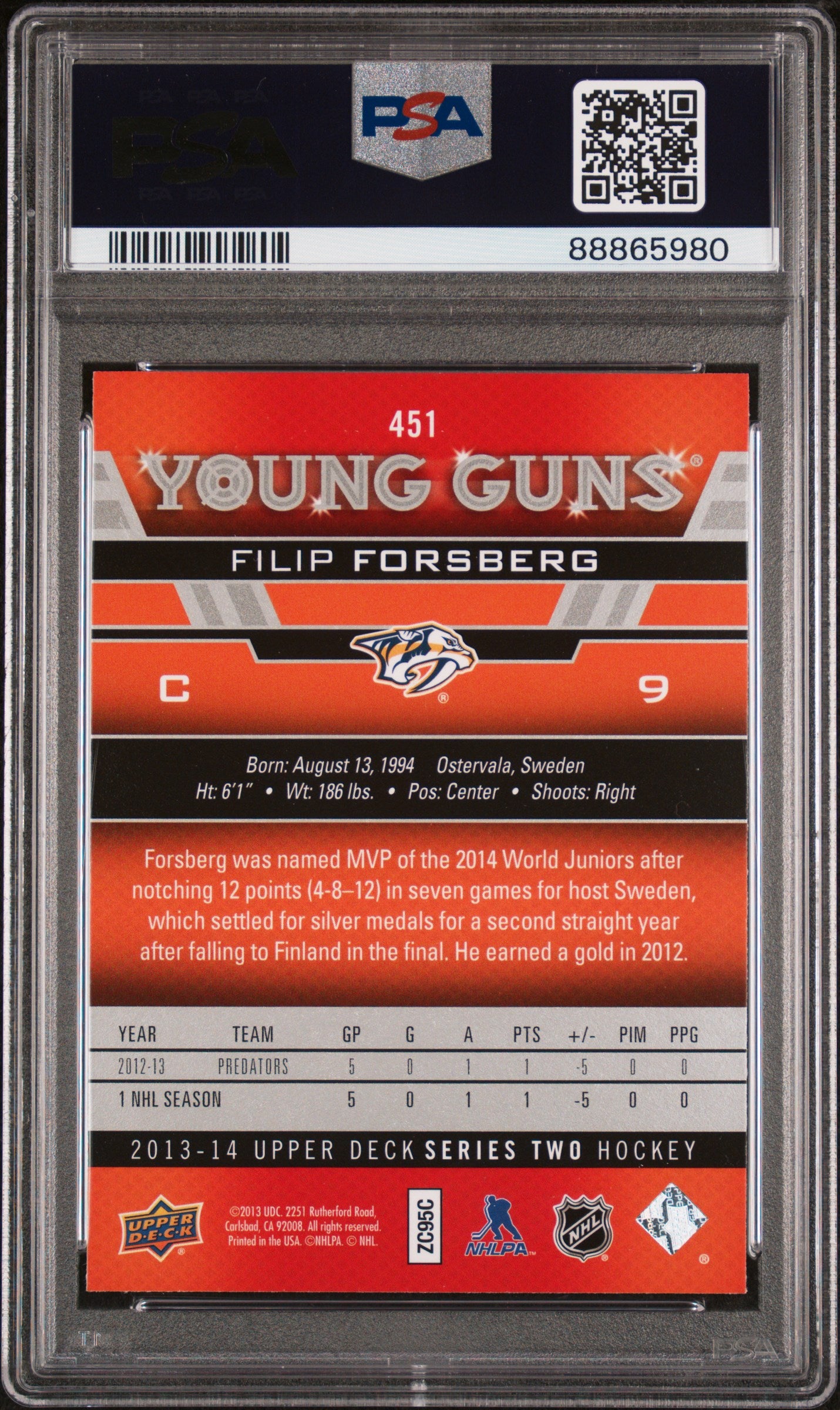 2013 Upper Deck #451 Filip Forsberg PSA 10