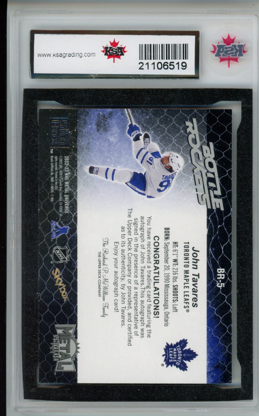 2022-23 Metal Universe John Tavares Bottle Rockets Auto #BR-5 KSA 10 Gem Mint