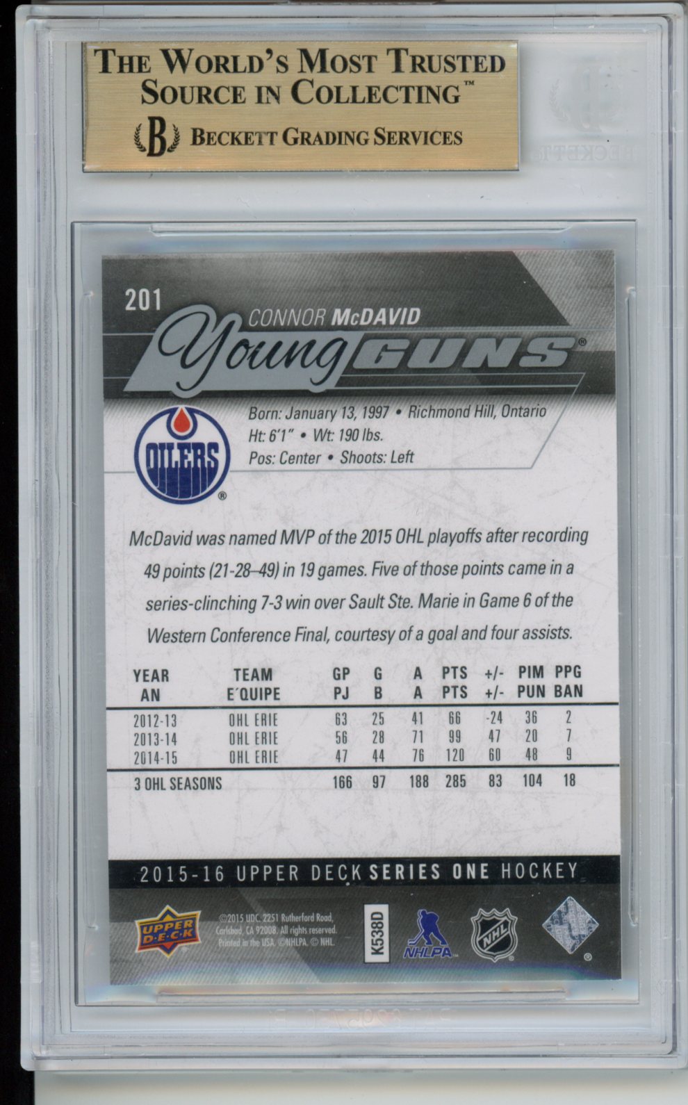 2015-16 Upper Deck #201 Connor McDavid Young Guns RC BGS 9.5