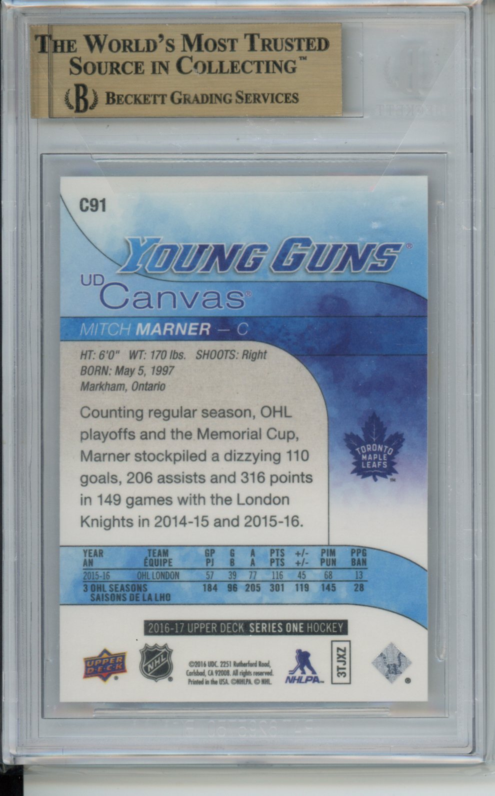 2016-17 Upper Deck Canvas #C91 Mitch Marner YG BGS 10.0