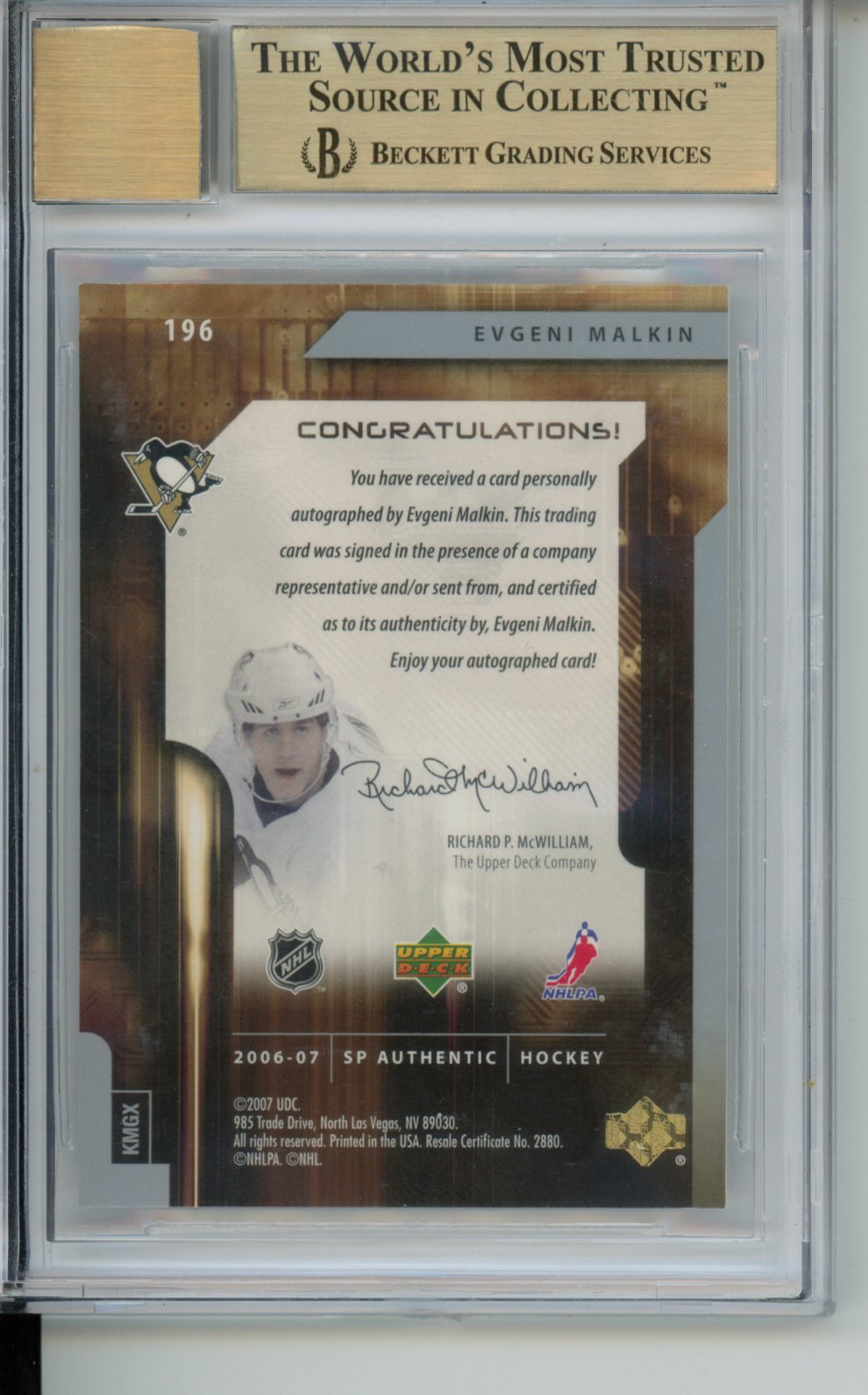 2006-07 SP Authentic #196 Evgeni Malkin AU RC BGS 9.5 Auto 10