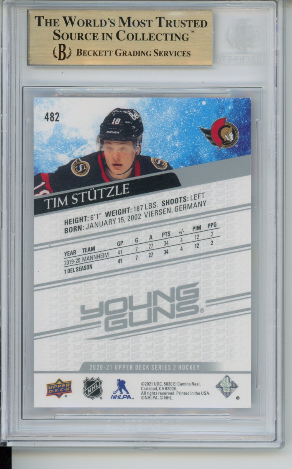 2020-21 Upper Deck #482 Tim Stutzle YG RC BGS 9.5 Young Guns