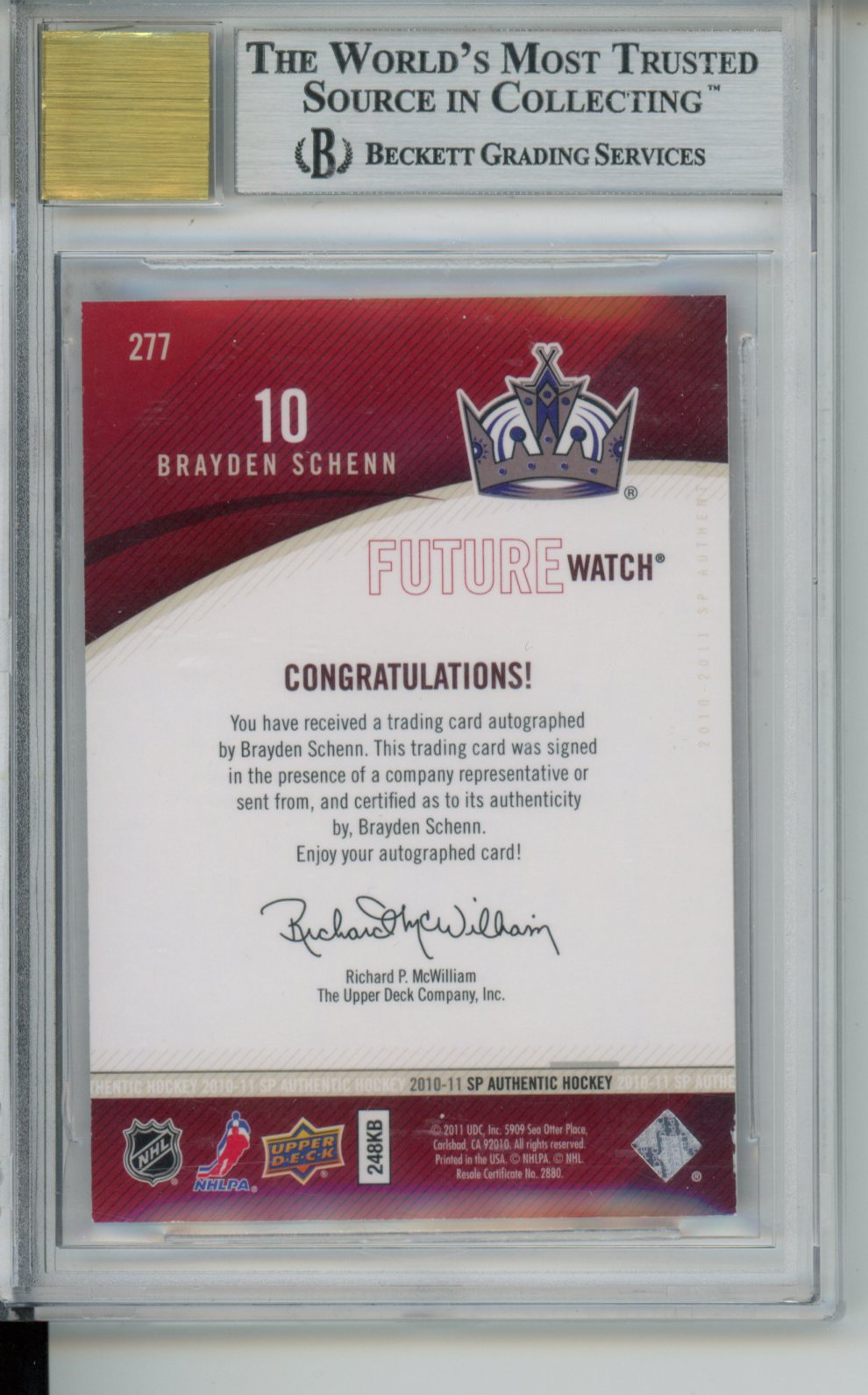 2010-11 SP Authentic #277 Brayden Schenn AU RC BGS 8.5 Auto 10